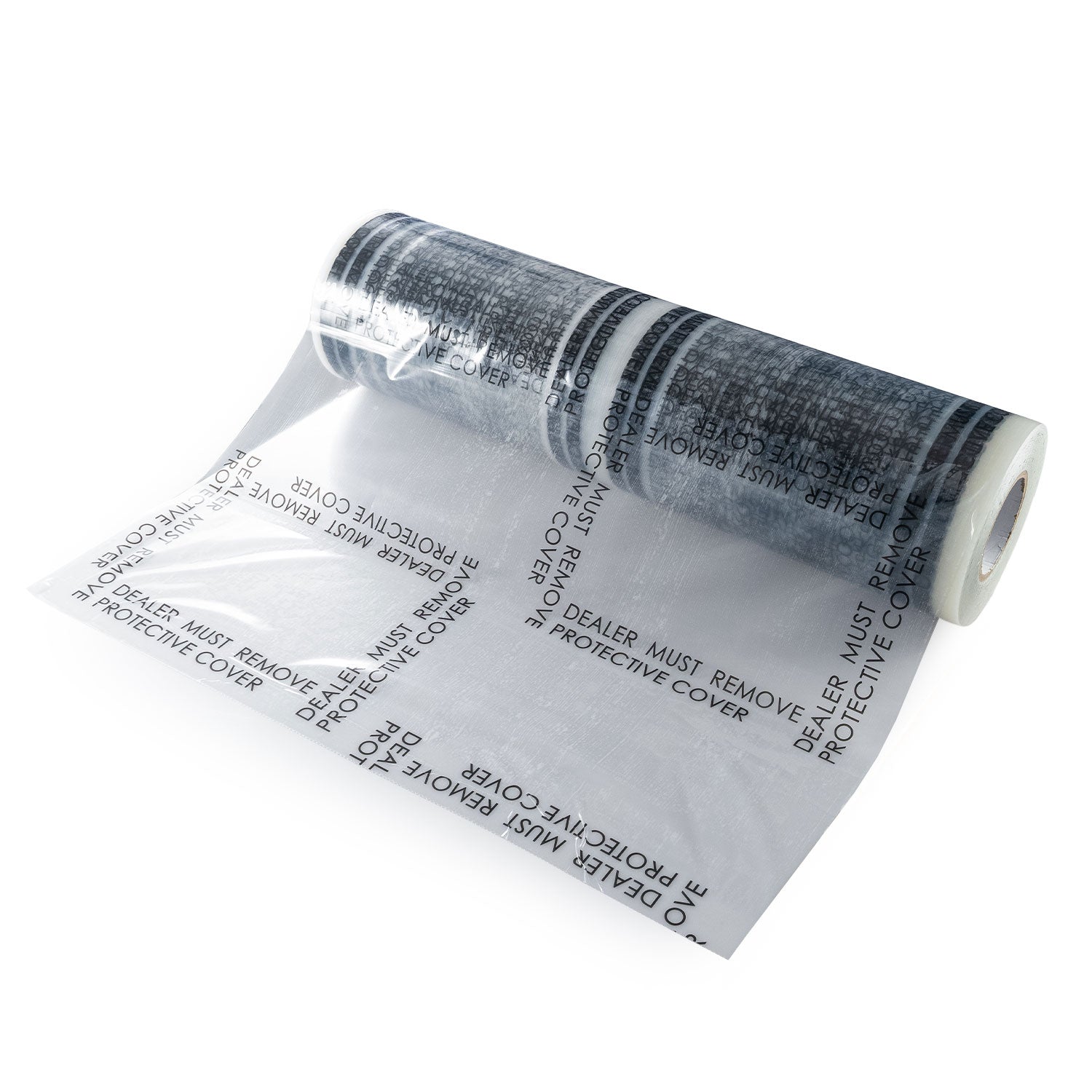 Roll of protective clear carpet film with removal text on a white background