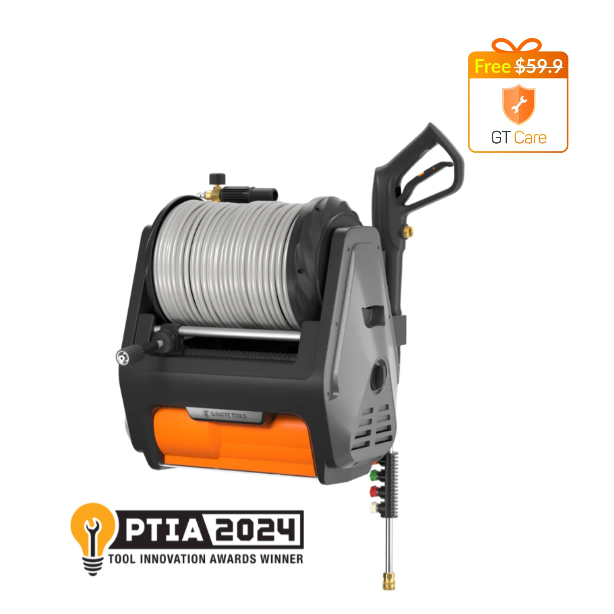 Hose reel with pressure washer nozzle on a white background, featuring PTIA 2024 award logo.