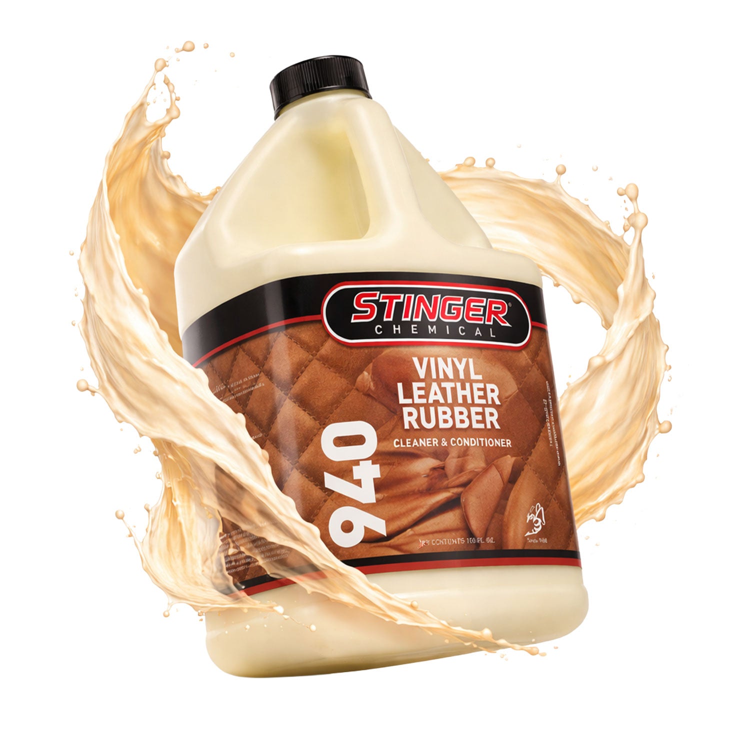 Stinger Chemical vinyl leather rubber cleaner and conditioner bottle with liquid splash effect on a white background