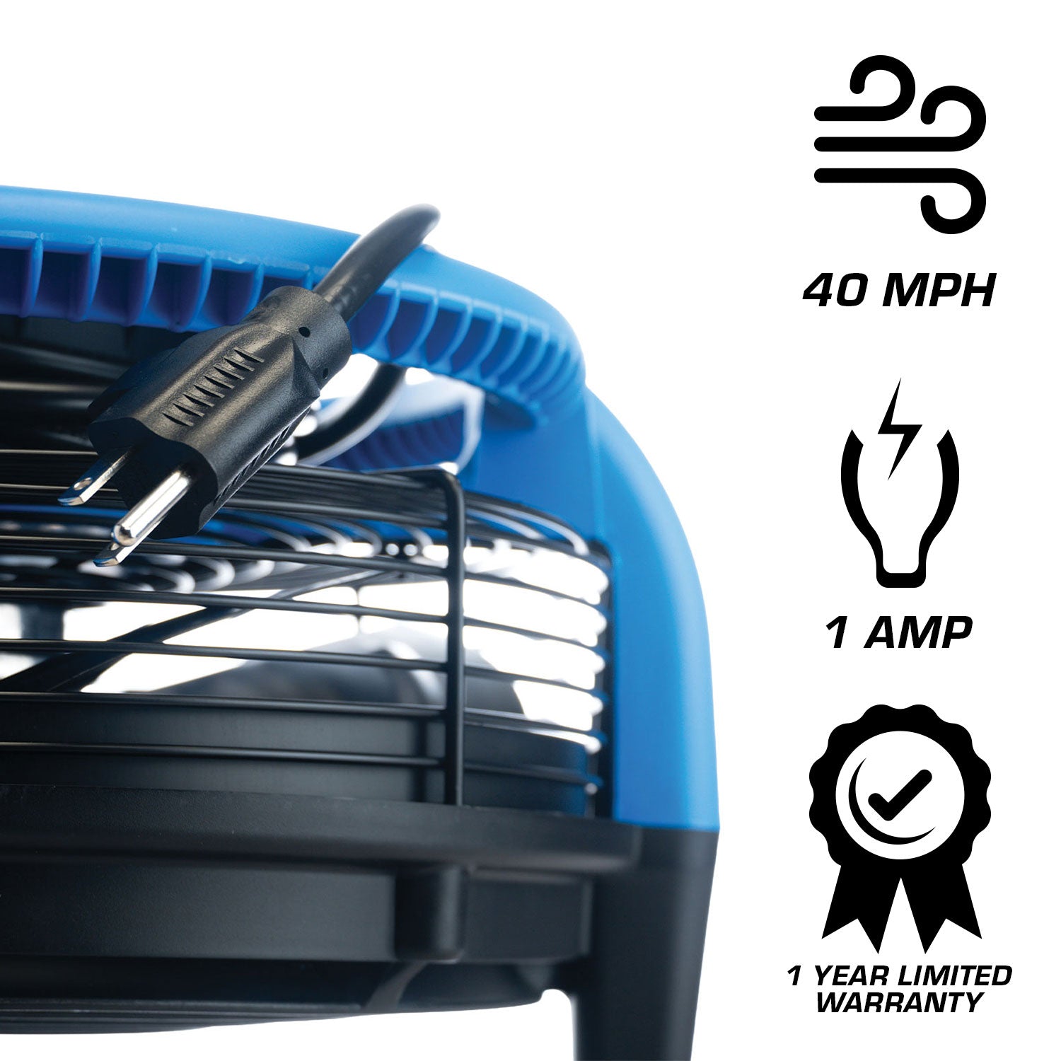 Blue and black dripod fan with power cord, speed, current, and warranty information displayed.