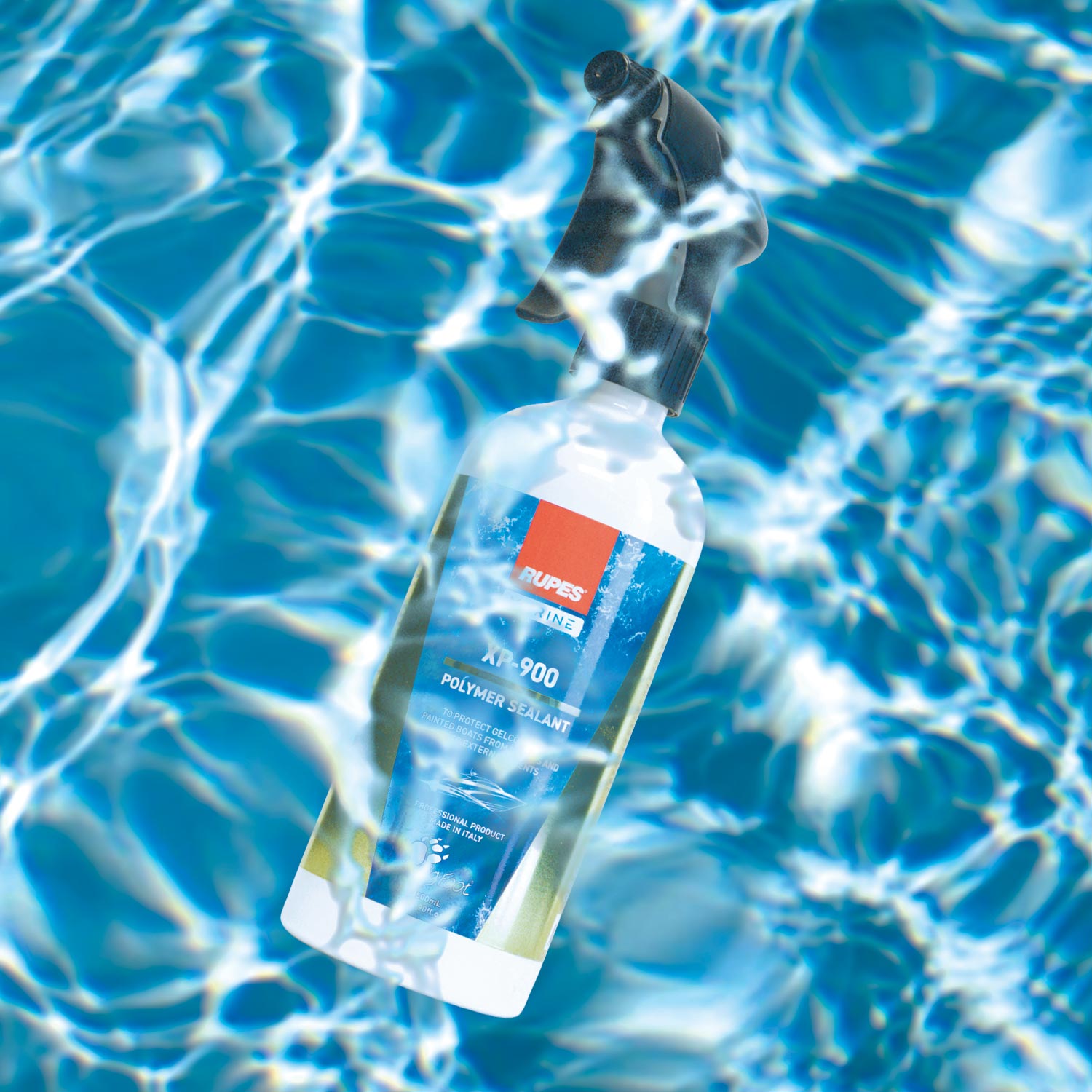 Bottle of RUPES XP-900 with a blue water background