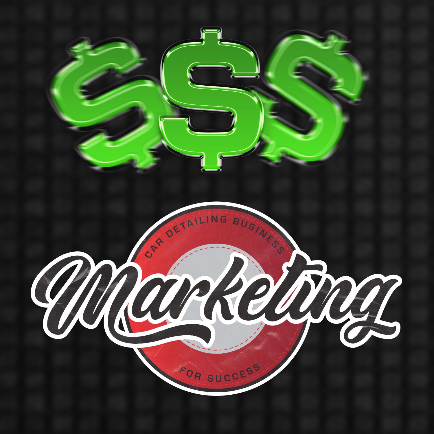 Green dollar signs above a red and white circular logo with 'Marketing' text on a black textured background.