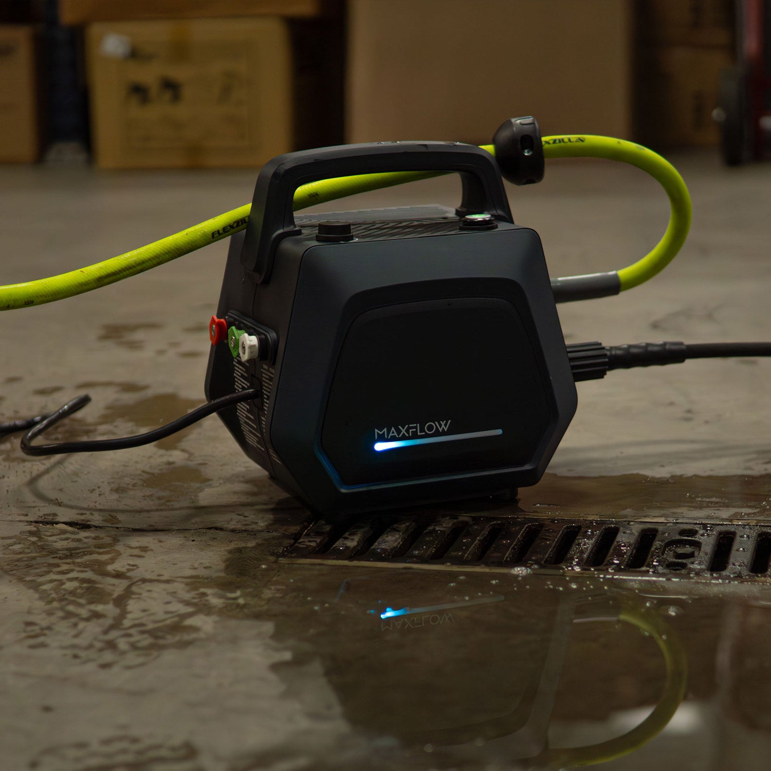Maxflow device on a concrete floor with visible branding