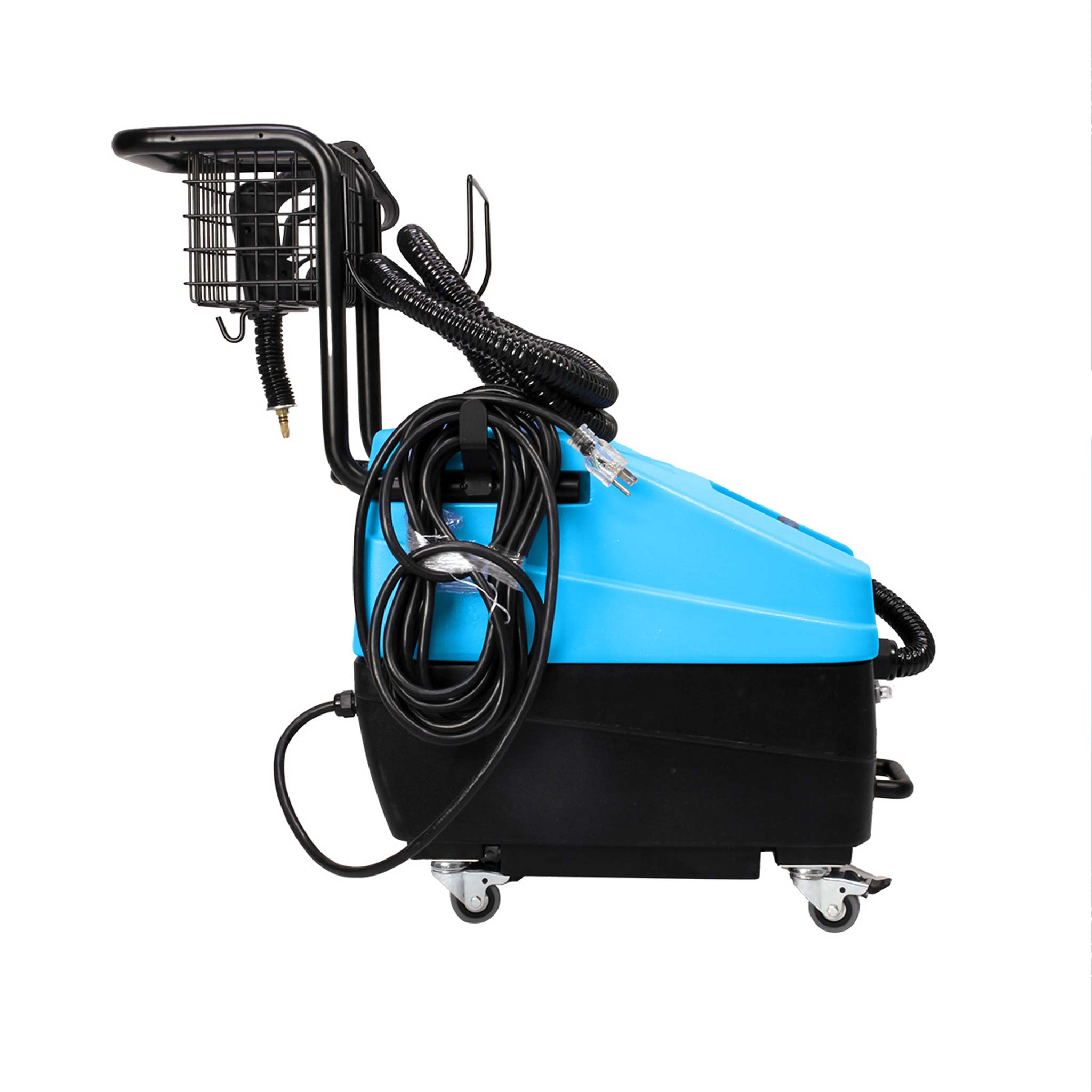 Blue and black steam machine with hose and cord on a white background