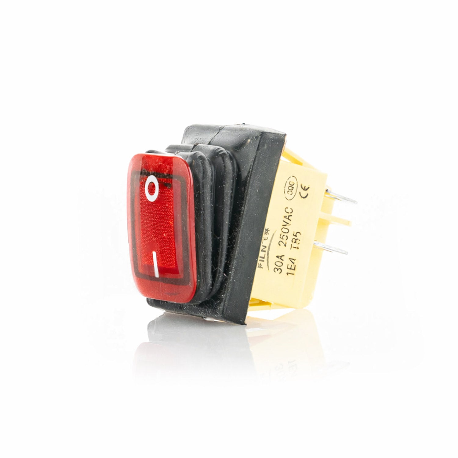 Rocker switch with red illuminated indicator on a white background