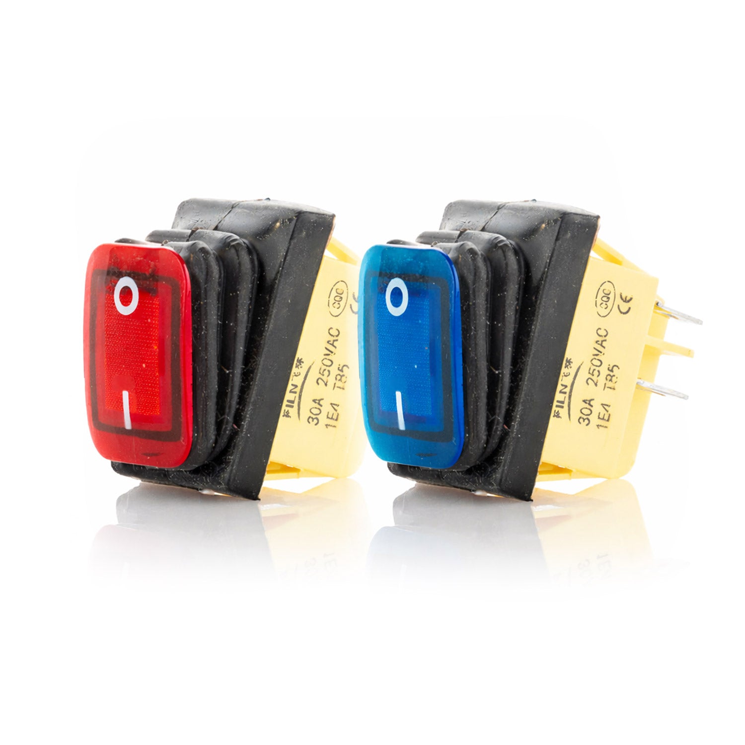 Two toggle switches with red and blue illuminated buttons on a white background