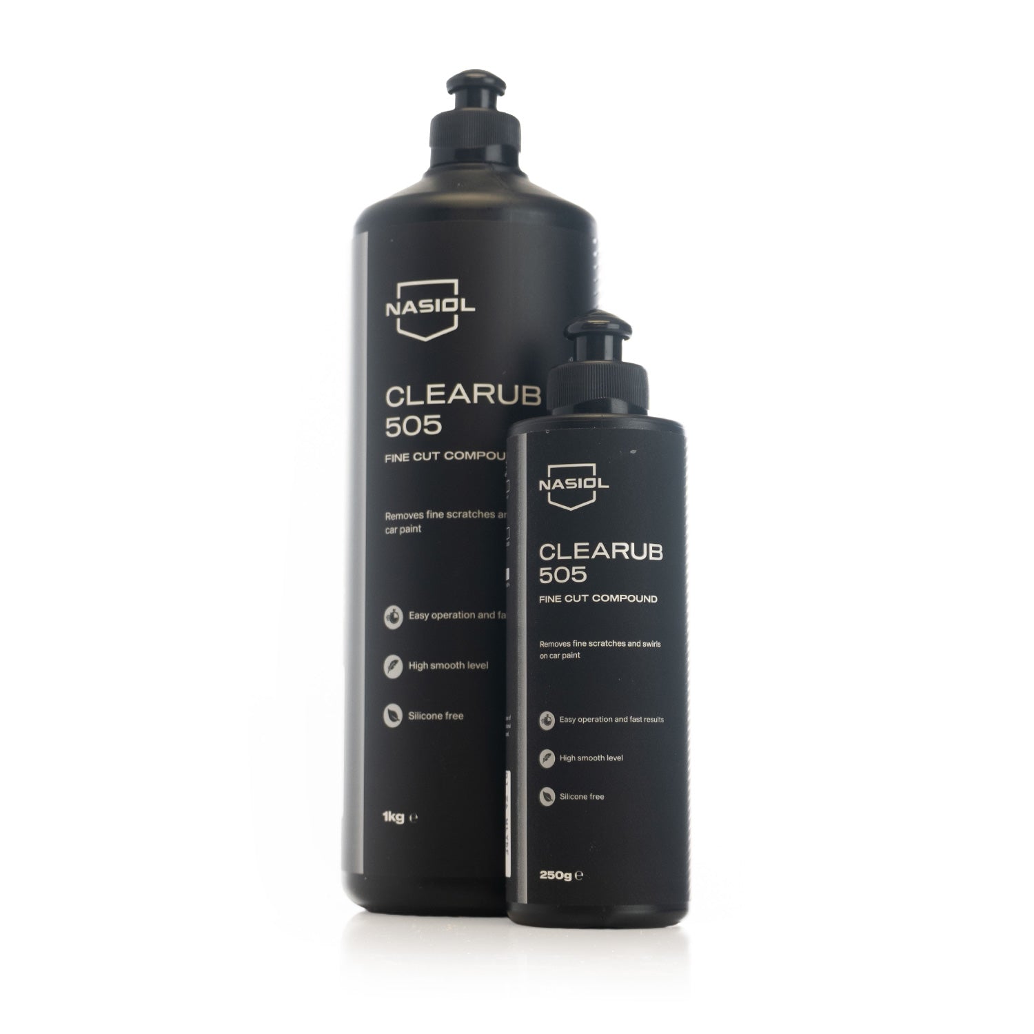 Two black bottles of Nasiol Clearub 505 on a white background