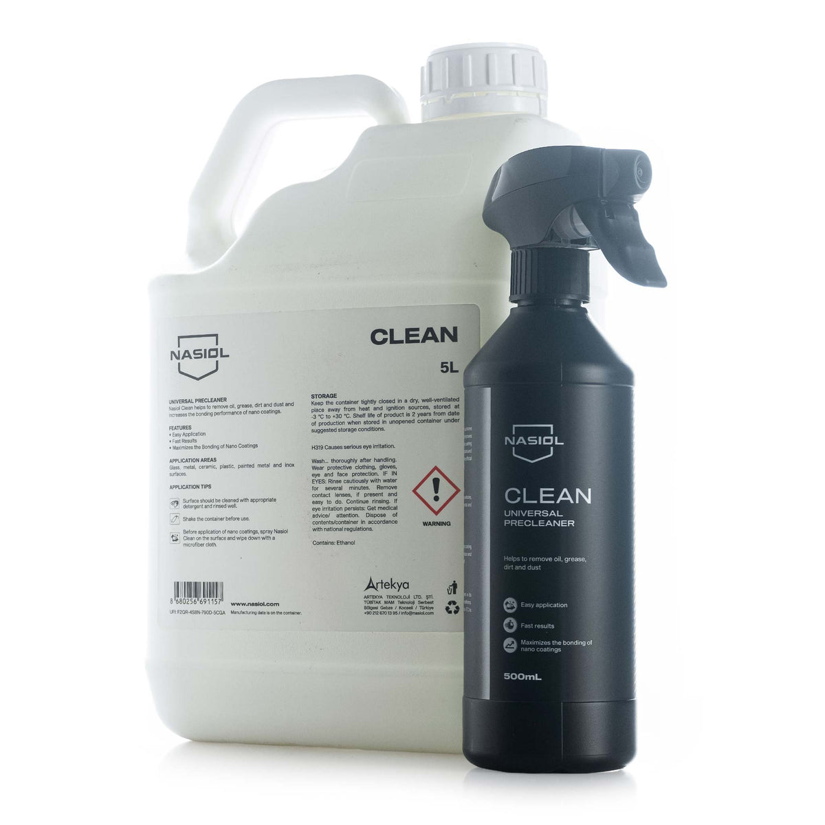 Nasiol Clean ceramic coating prep spray in a 500 mL bottle and 5 L jug