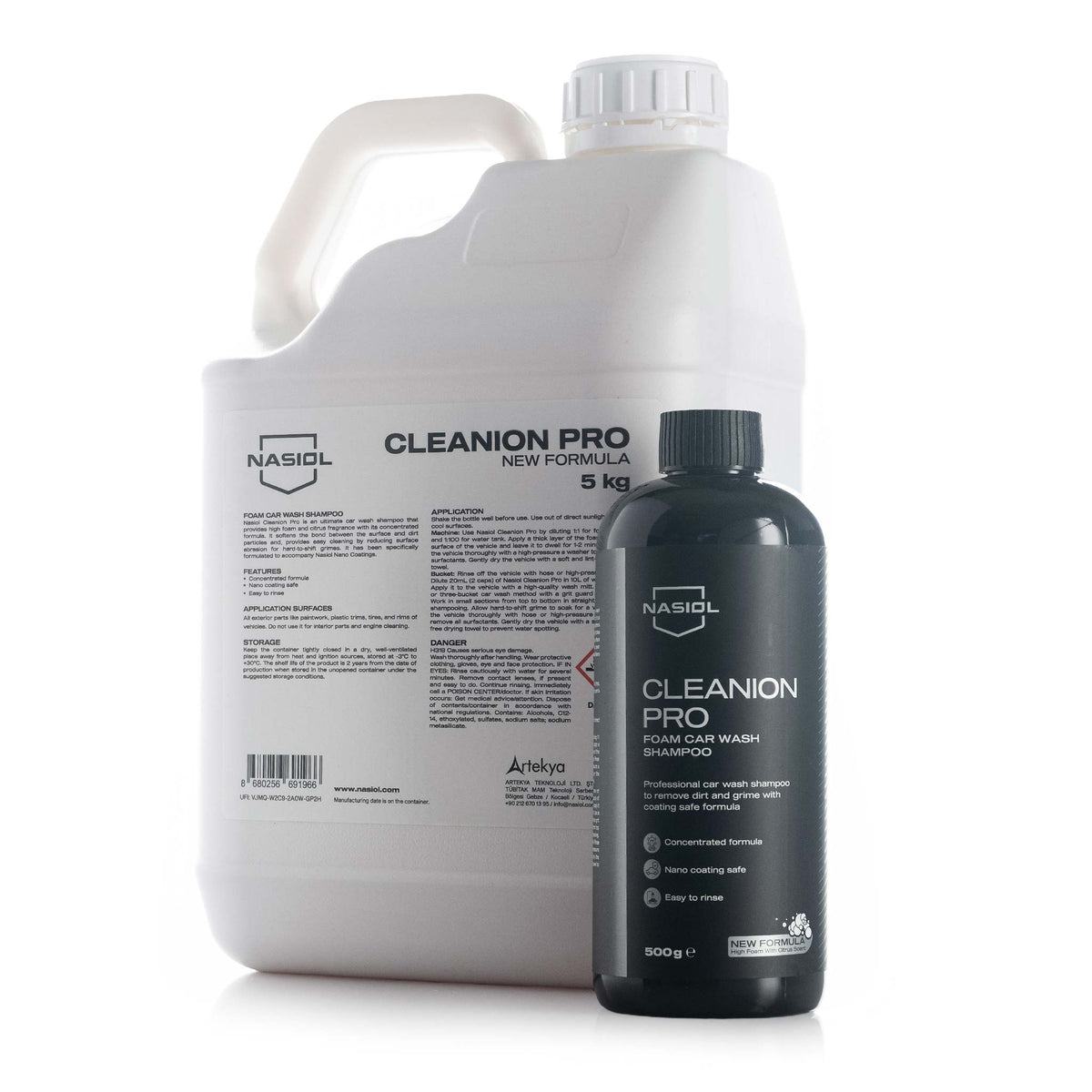 Nasiol Cleanion Pro foam car wash shampoo in a 500 g bottle and 5 kg jug