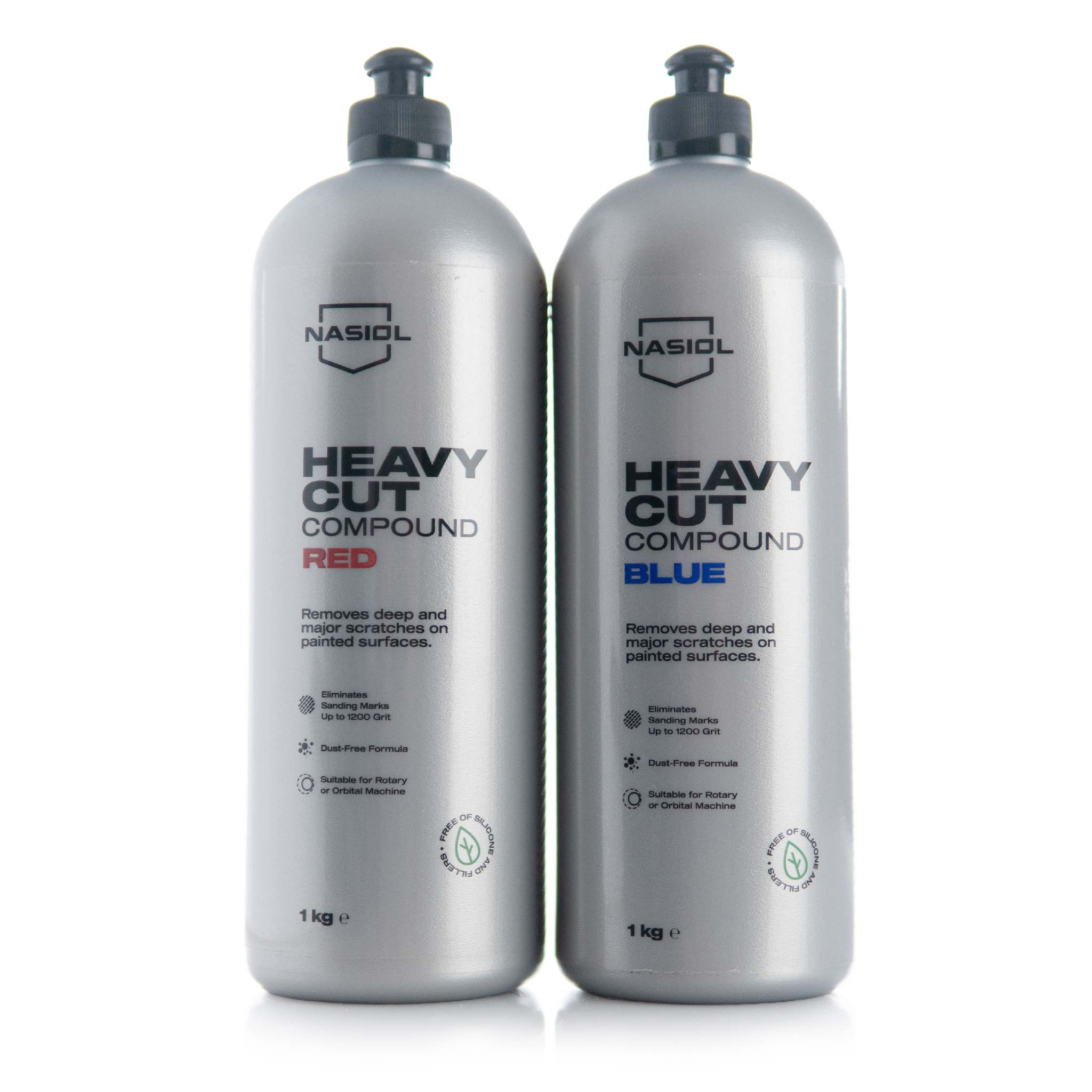 Two bottles of Nasiol Heavy Cut Compound, one red and one blue, on a white background.