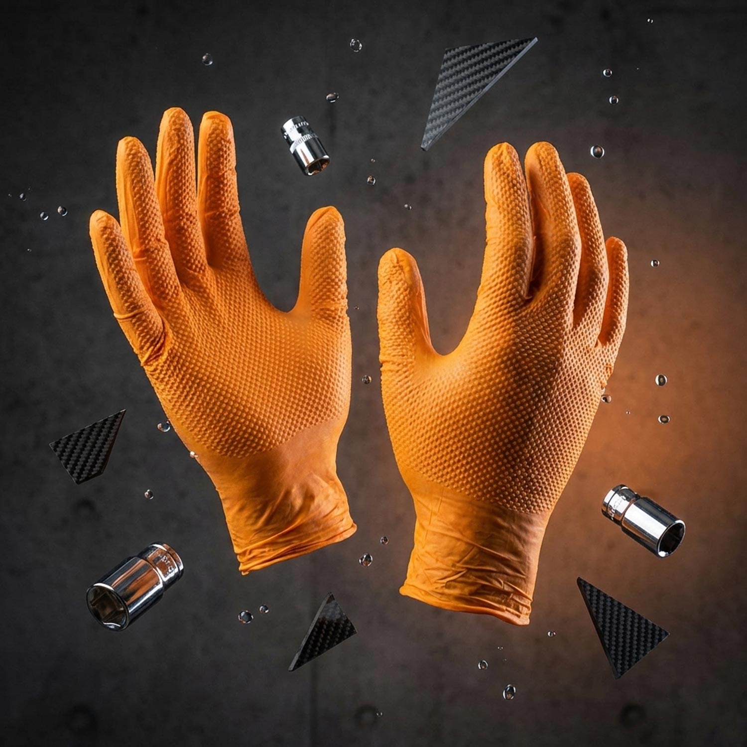 Orange gloves on a dark surface with small metallic objects