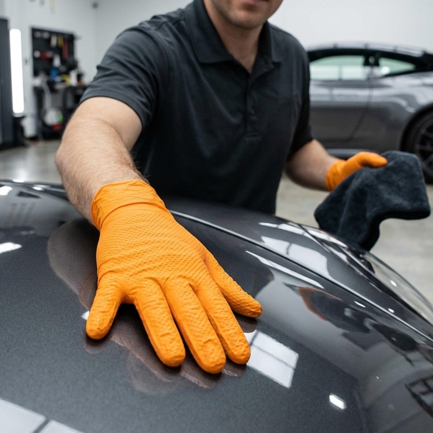 Person wearing orange gloves cleaning a car's black surface in a garage.