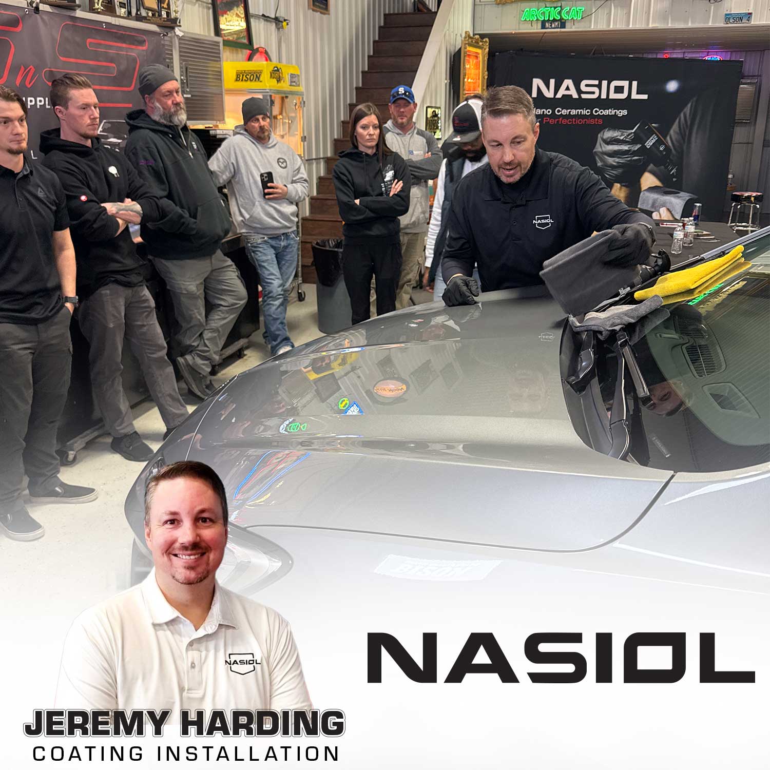 Car detailing event with people around a car, NASIOL branding visible