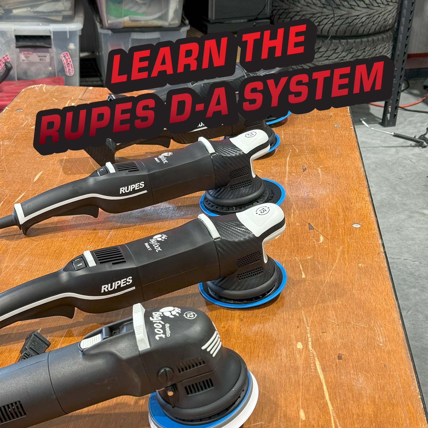 Rupes DA system polishers on a wooden surface with promotional text.
