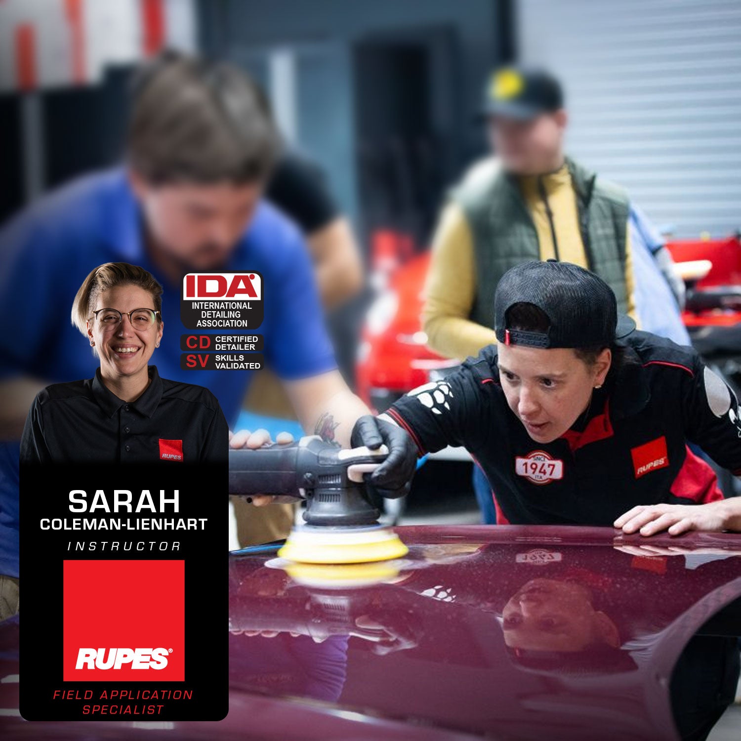 Car detailing instructor using a buffer on a car, with IDA and Rupes branding.