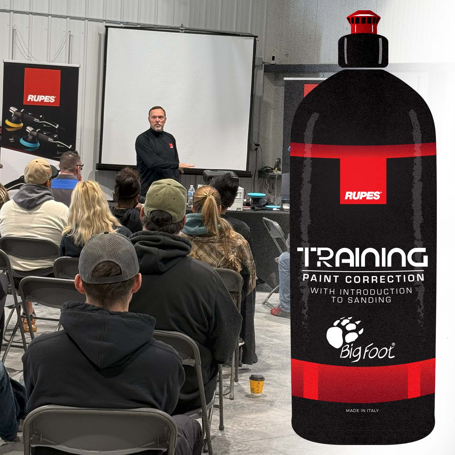 Person giving a presentation to an audience with Rupes training bottle overlay.