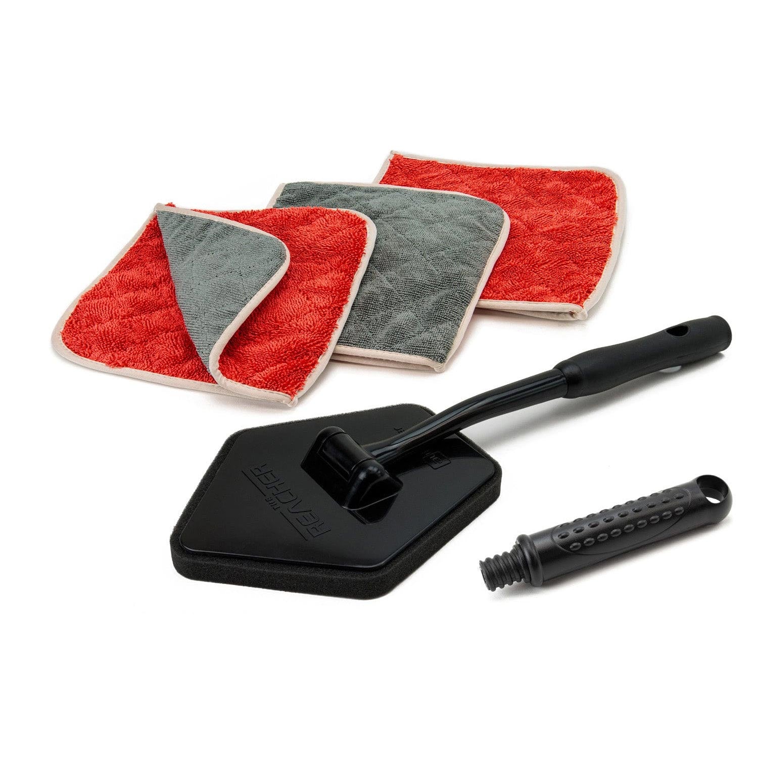 Cleaning tool with red and gray cloths on a white background