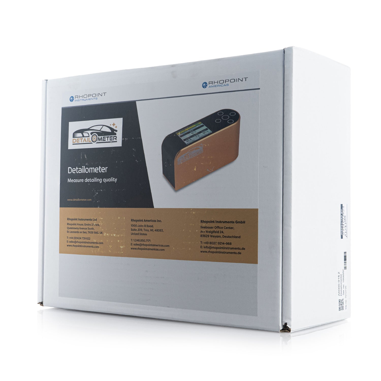 Box packaging of a Detailometer with Rhopoint branding on a white background