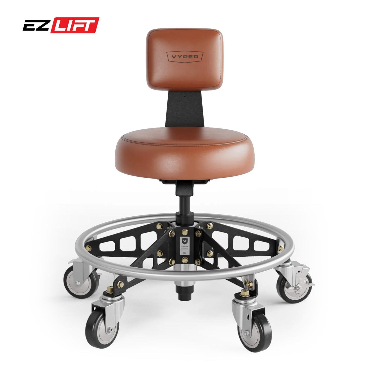 Brown chair with wheels on a white background, featuring the EZ Lift and Vyper brand logos.