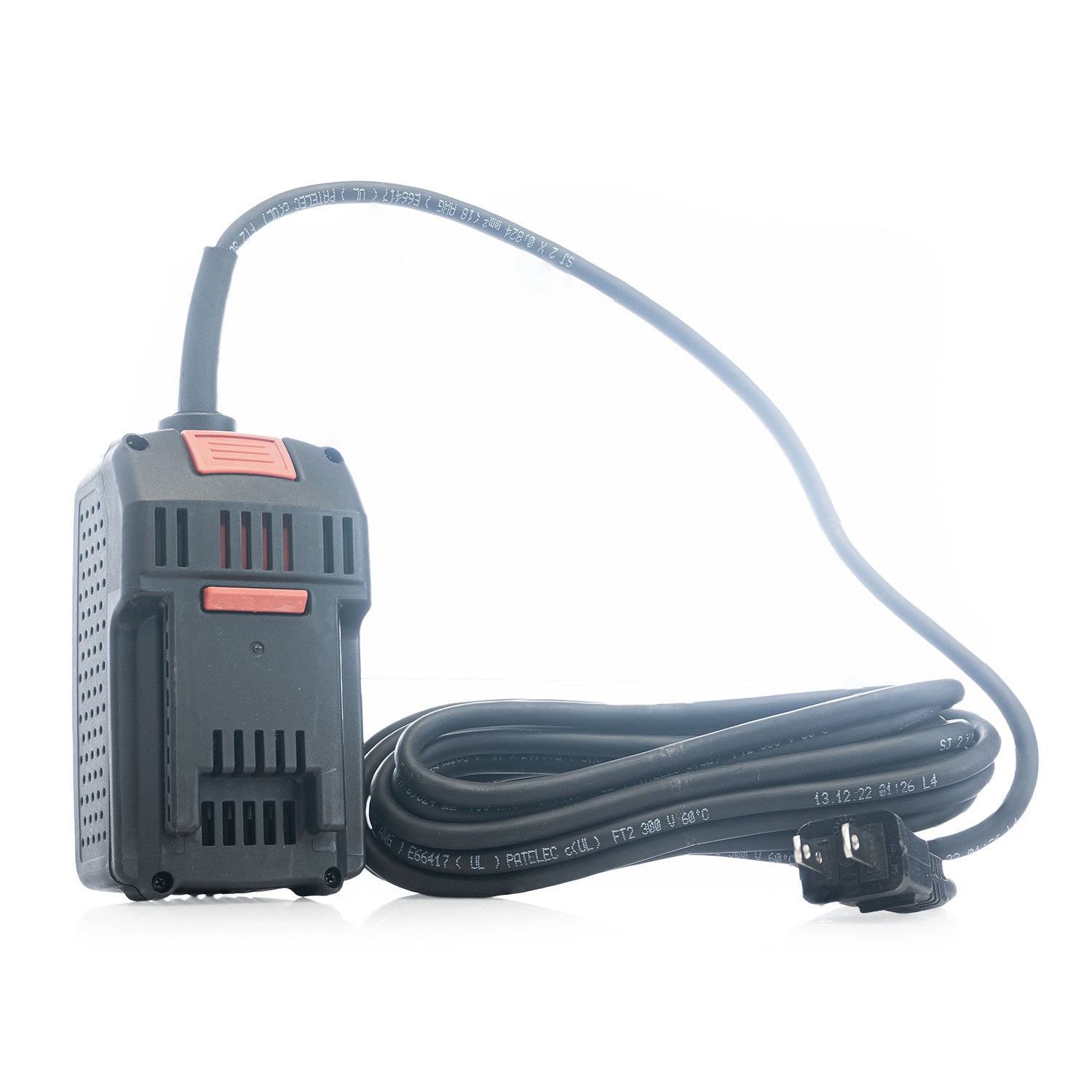 Black RUPES corded power adapter with cable on a white background