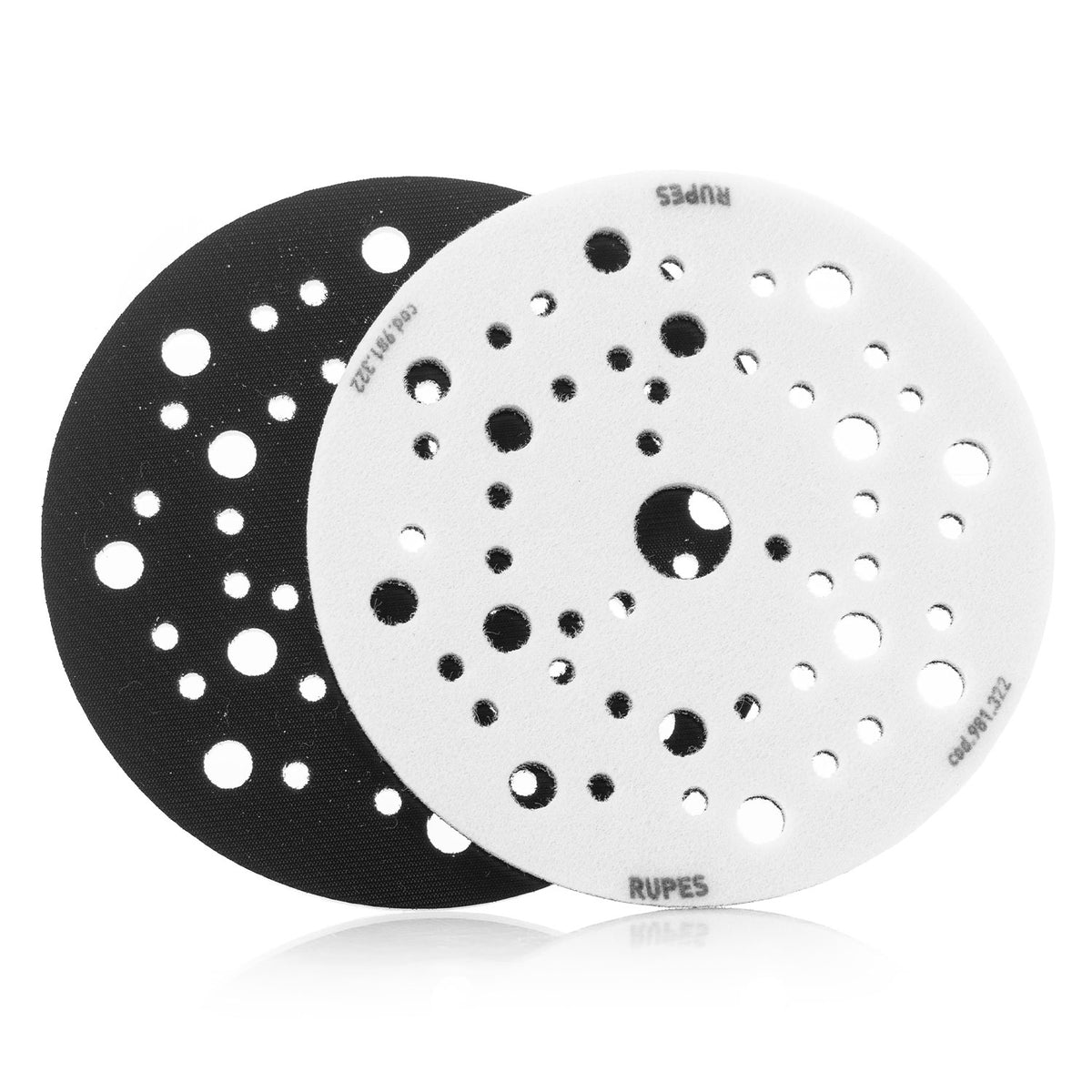 RUPES 981.322 6 inch 7mm interface pads 2 pack showing foam and hook and loop sides