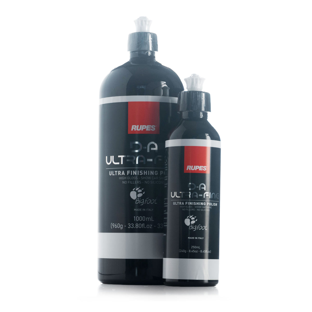 RUPES DA Ultrafine Finishing Polish 9.ULTRAFINE in 1000 ml and 250 ml bottles side by side