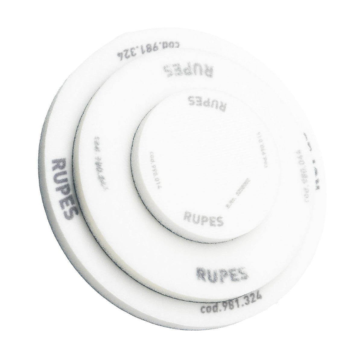 RUPES 3, 5, and 6 inch no hole foam interface pads stacked by size