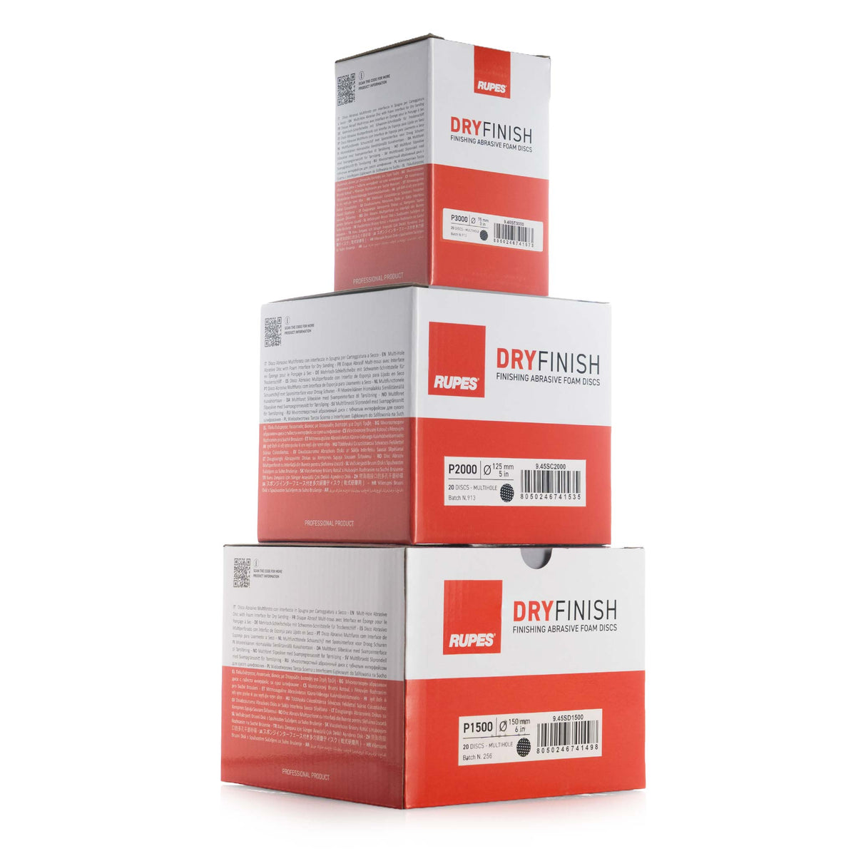 Stacked RUPES DryFinish boxes in P1500, P2000, and P3000, 20 multihole discs each