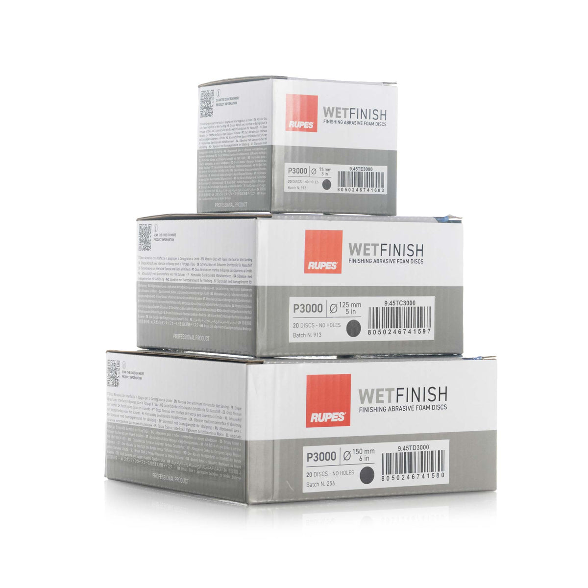 Stacked RUPES WetFinish P3000 boxes in 3, 5, and 6 inch, 20 discs per box