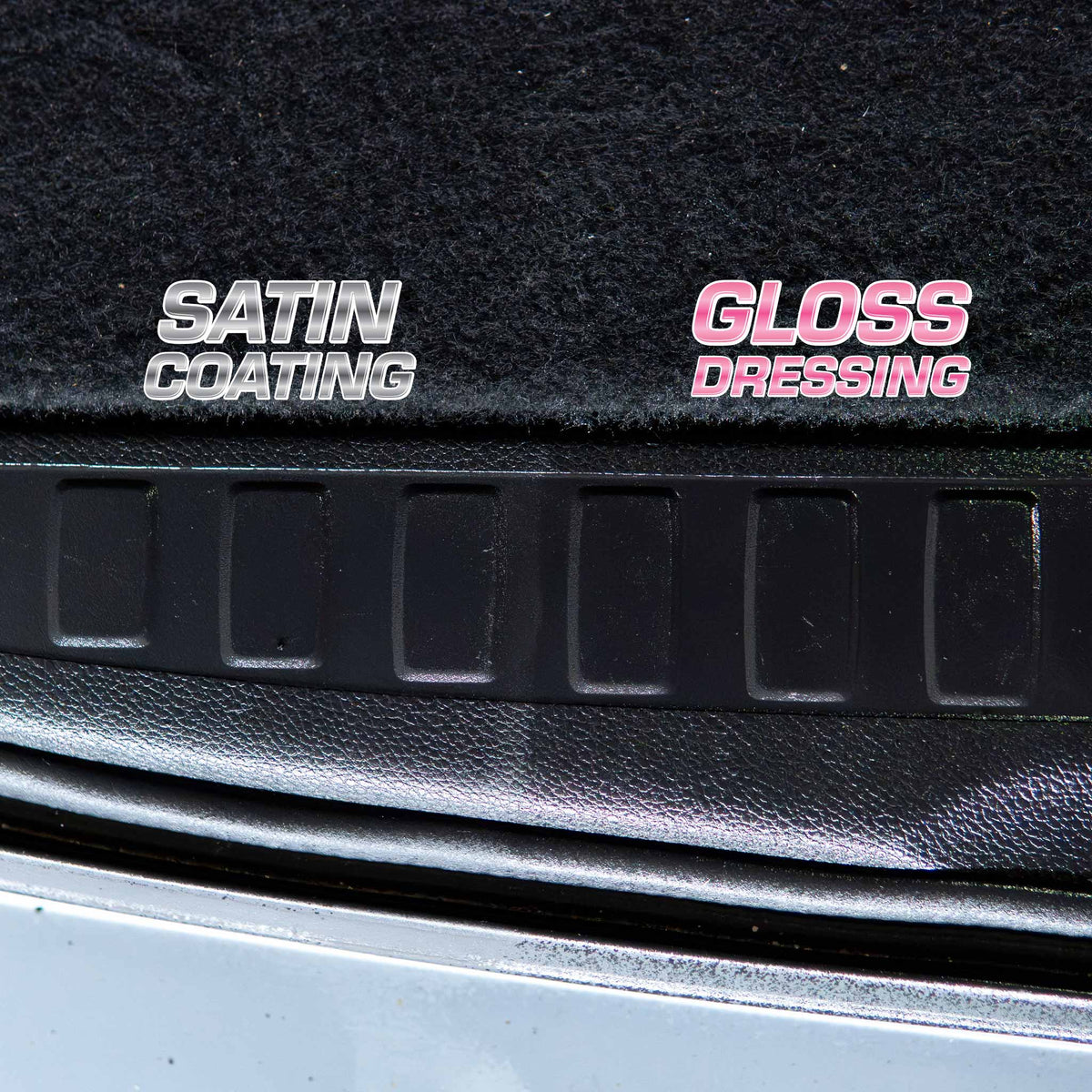 Detail Addictions Premium Satin Coating vs Gloss Dressing side by side on black plastic trunk trim