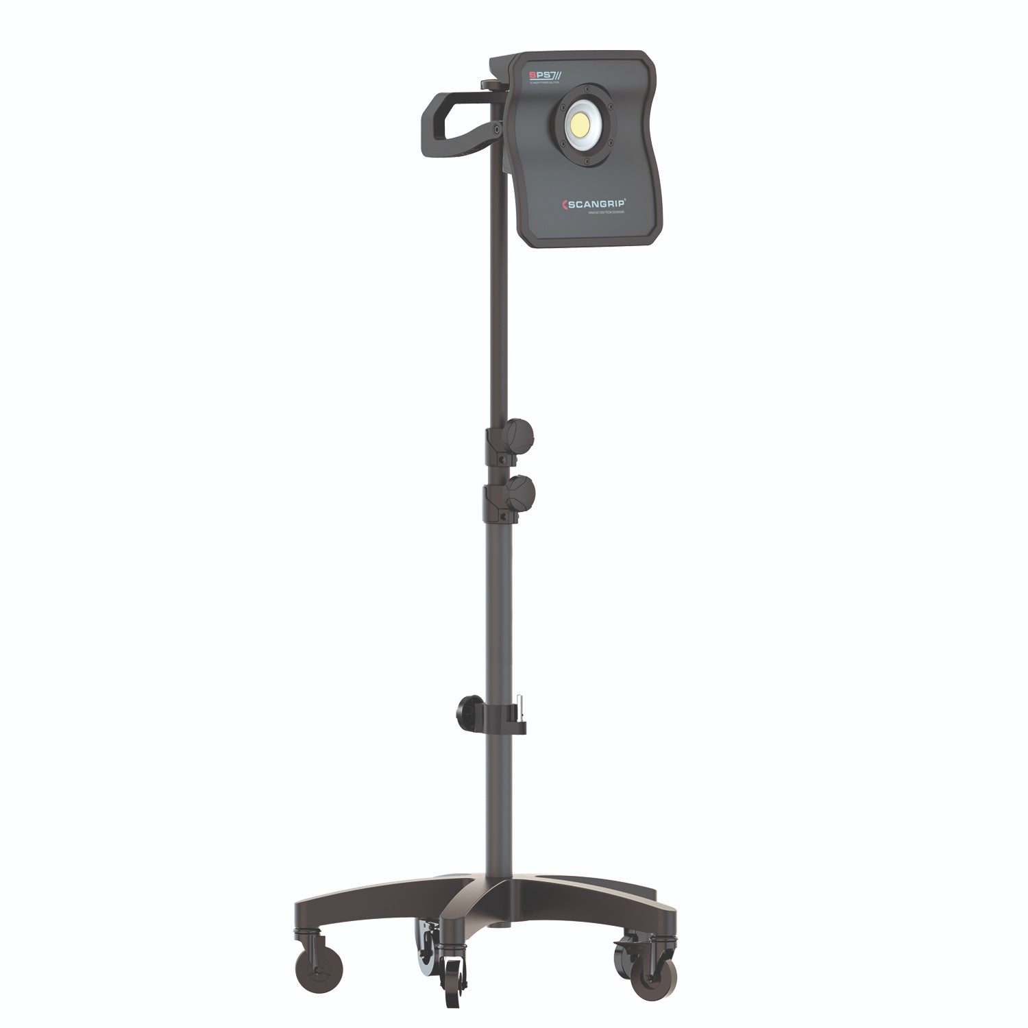 Scangrip light on Wheel Light Stand on White Background