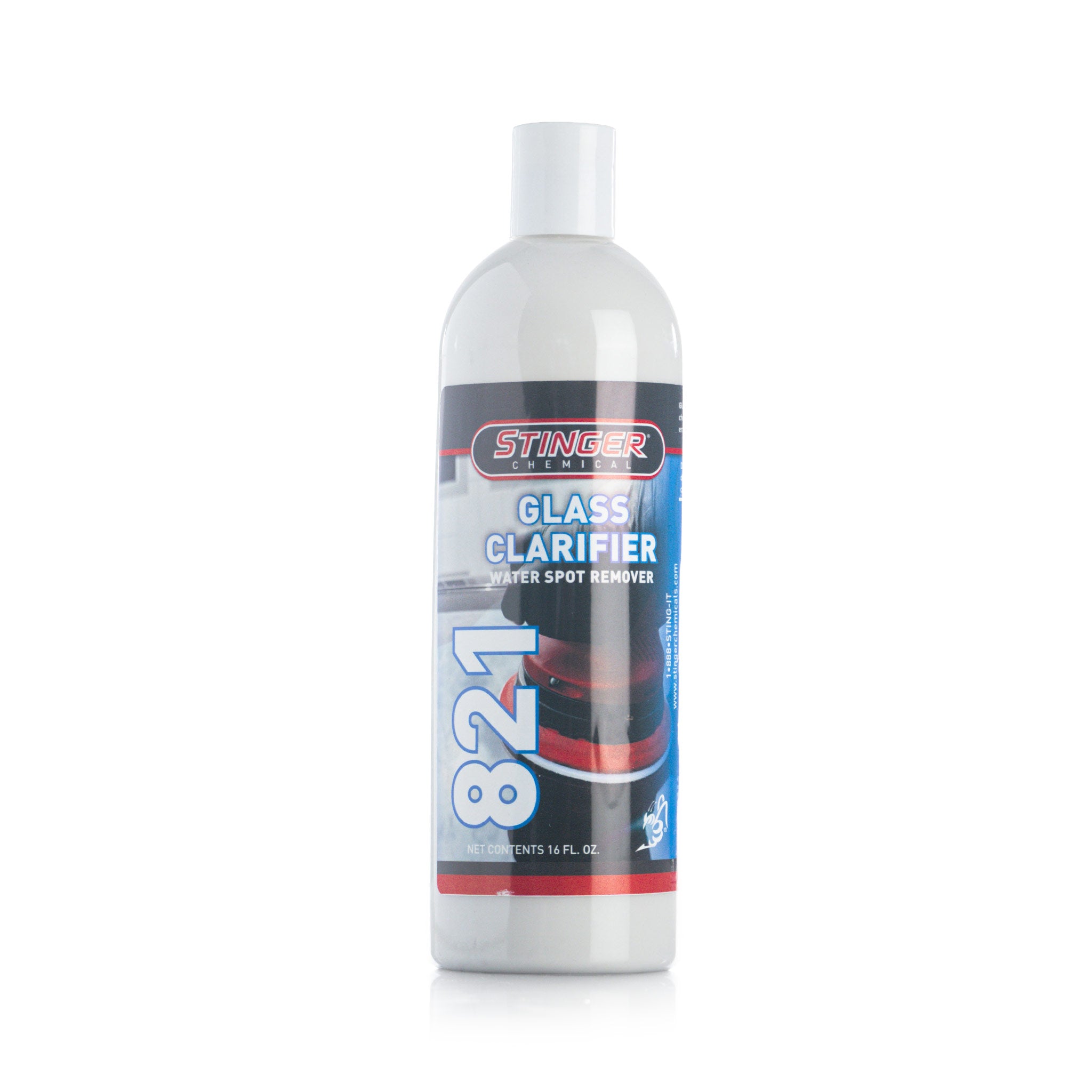 stinger chemical 16 ounce bottle of glass clarifier on a white background
