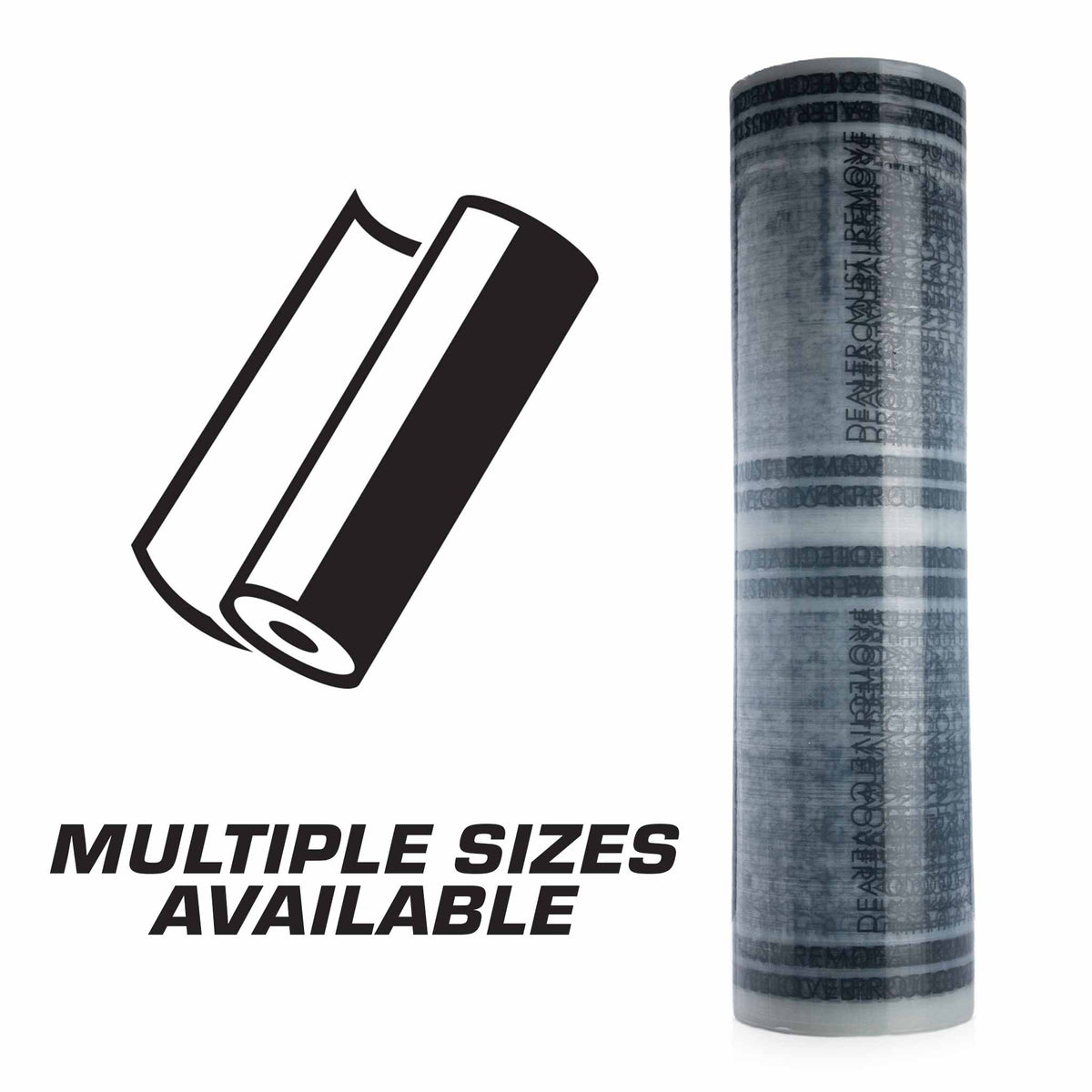 Stinger carpet film roll standing upright, available in 200, 350, 500, and 600 foot lengths