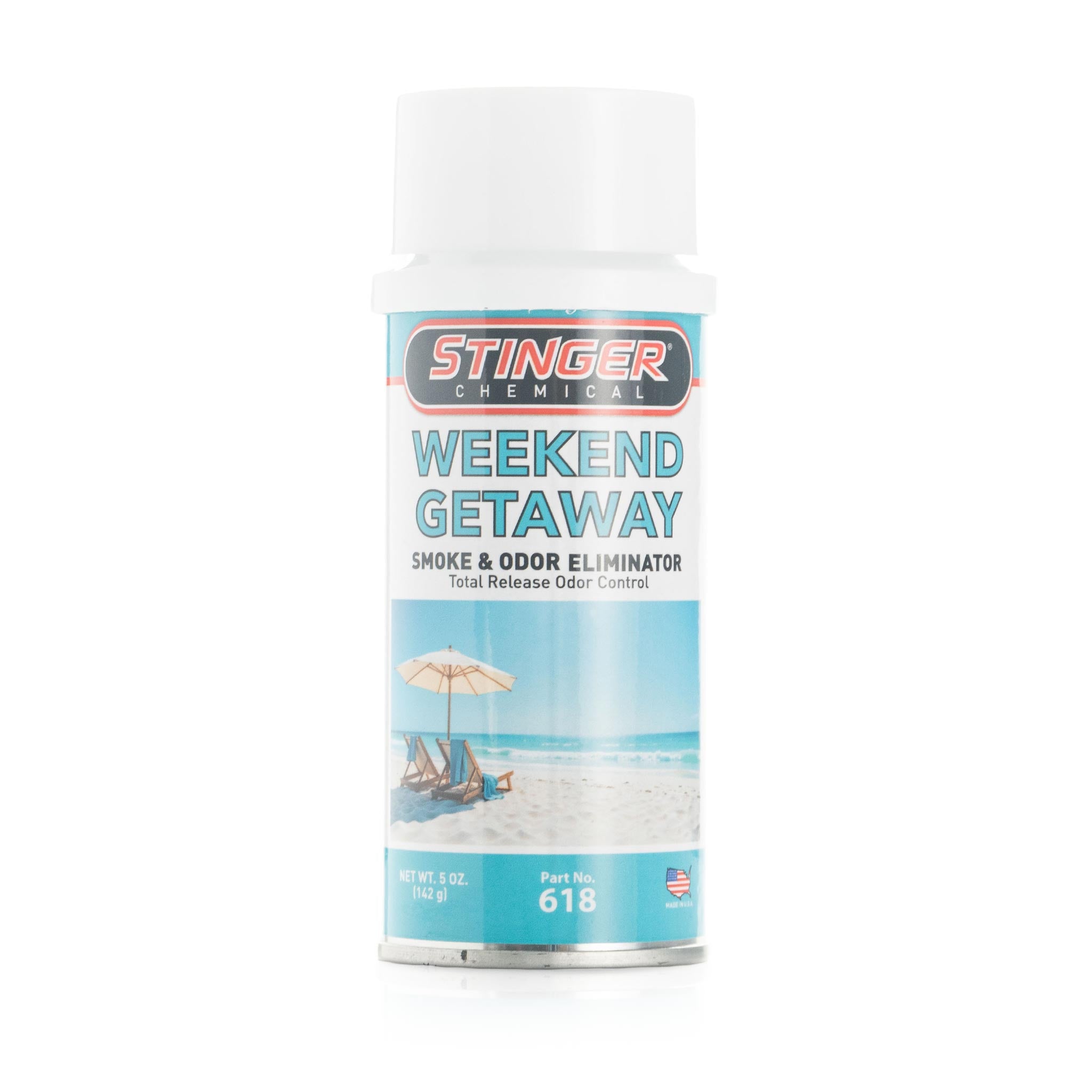 Stinger Weekend Getaway smoke and odor eliminator can on a white background