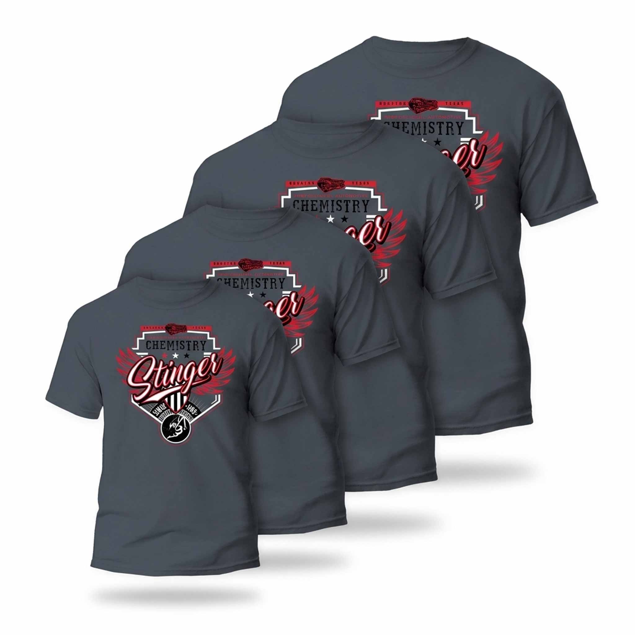Three dark gray Stinger t-shirts with a red and white logo on a white background