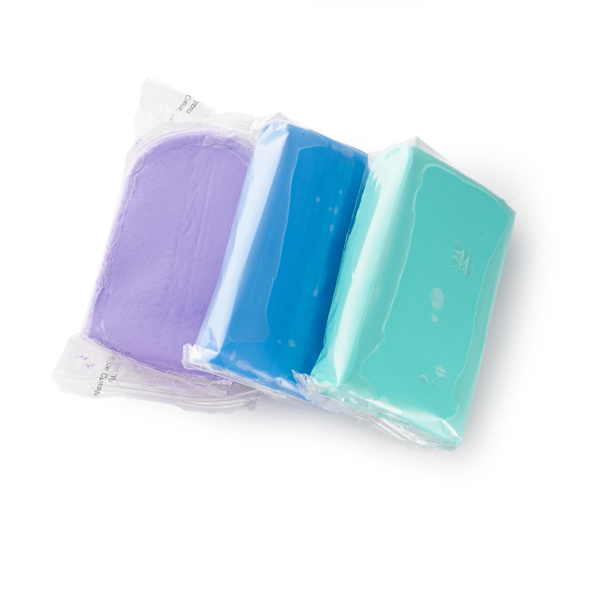 Three Stinger Chemical clay bars sealed in plastic wrap in purple, blue, and mint green