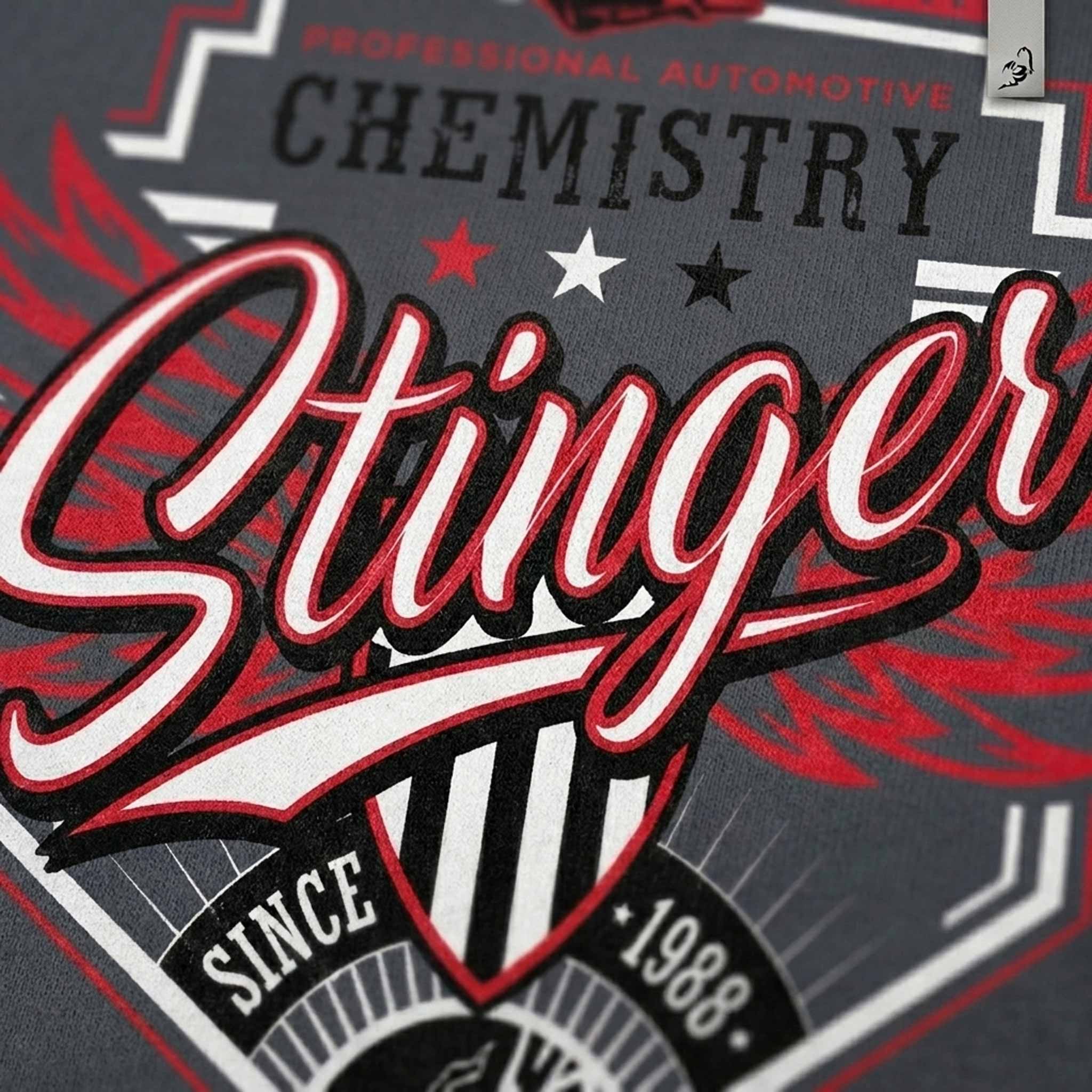 Stinger logo with red and white text on a dark background
