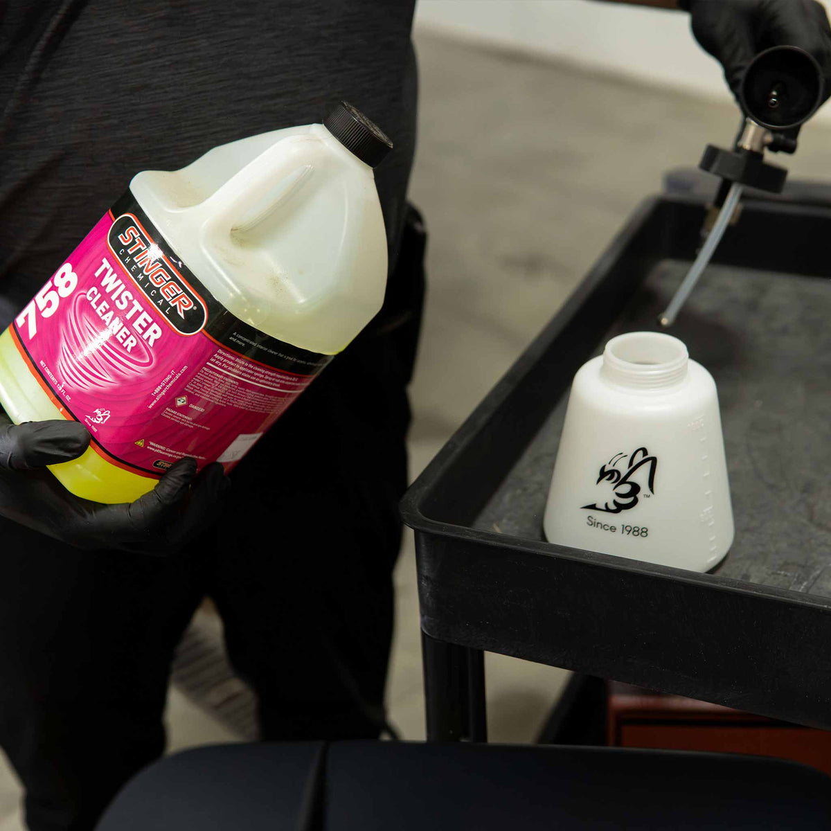 Filling the Stinger Twister Complete bottle from a Stinger 758 Twister Cleaner gallon jug