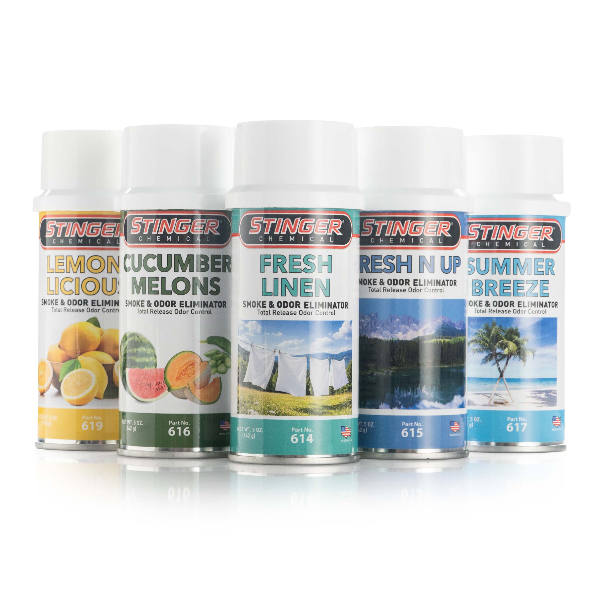 Five aerosol cans of Stinger Smoke and Odor Eliminator with different scents on a white background