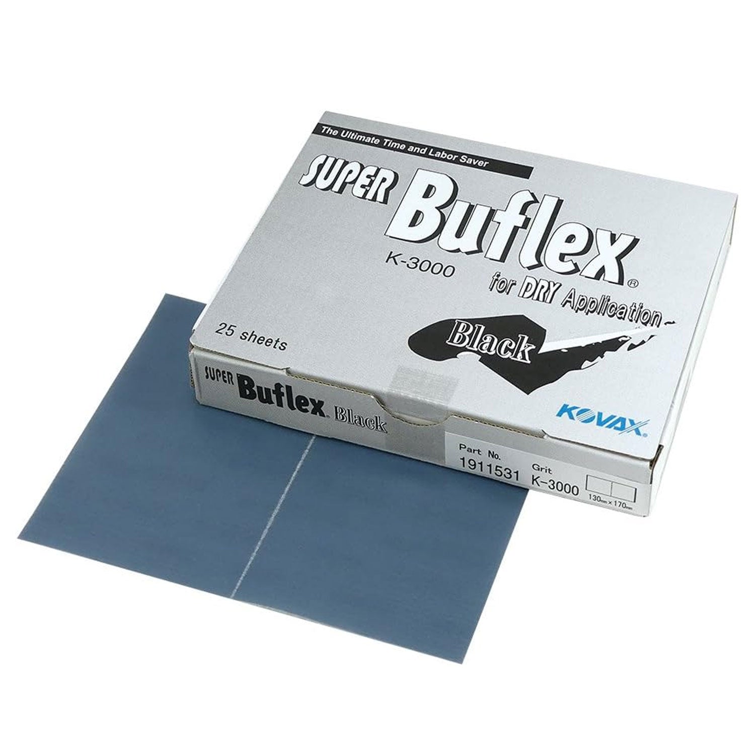Box of K-3000 Black Super Buflex sandpaper with a single sheet on a white background