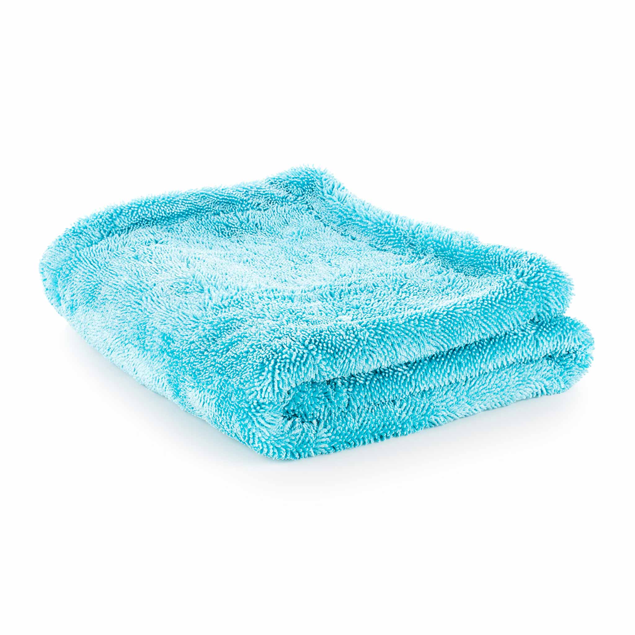 A folded turquoise blue microfiber towel on a clean white background.