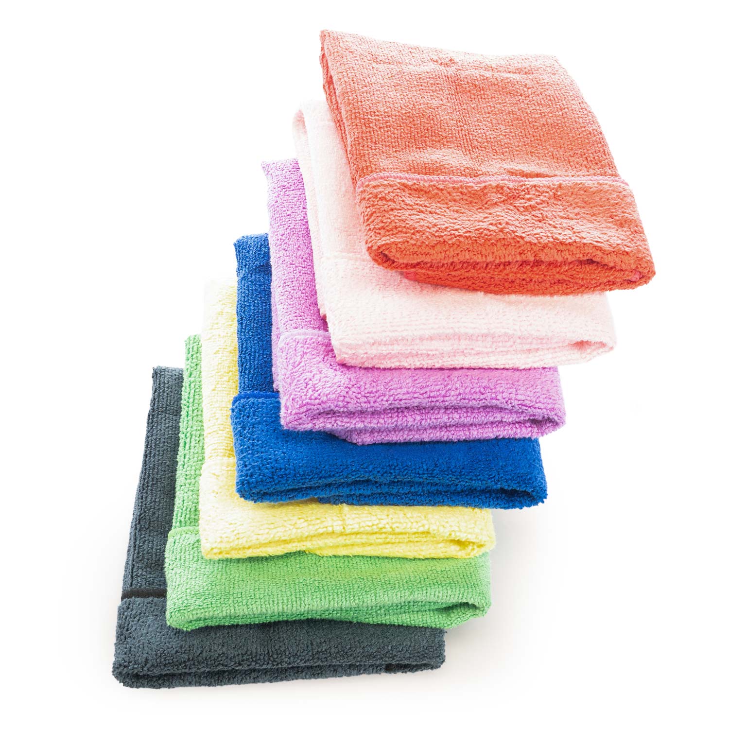 Stack of colorful folded towels on a white background