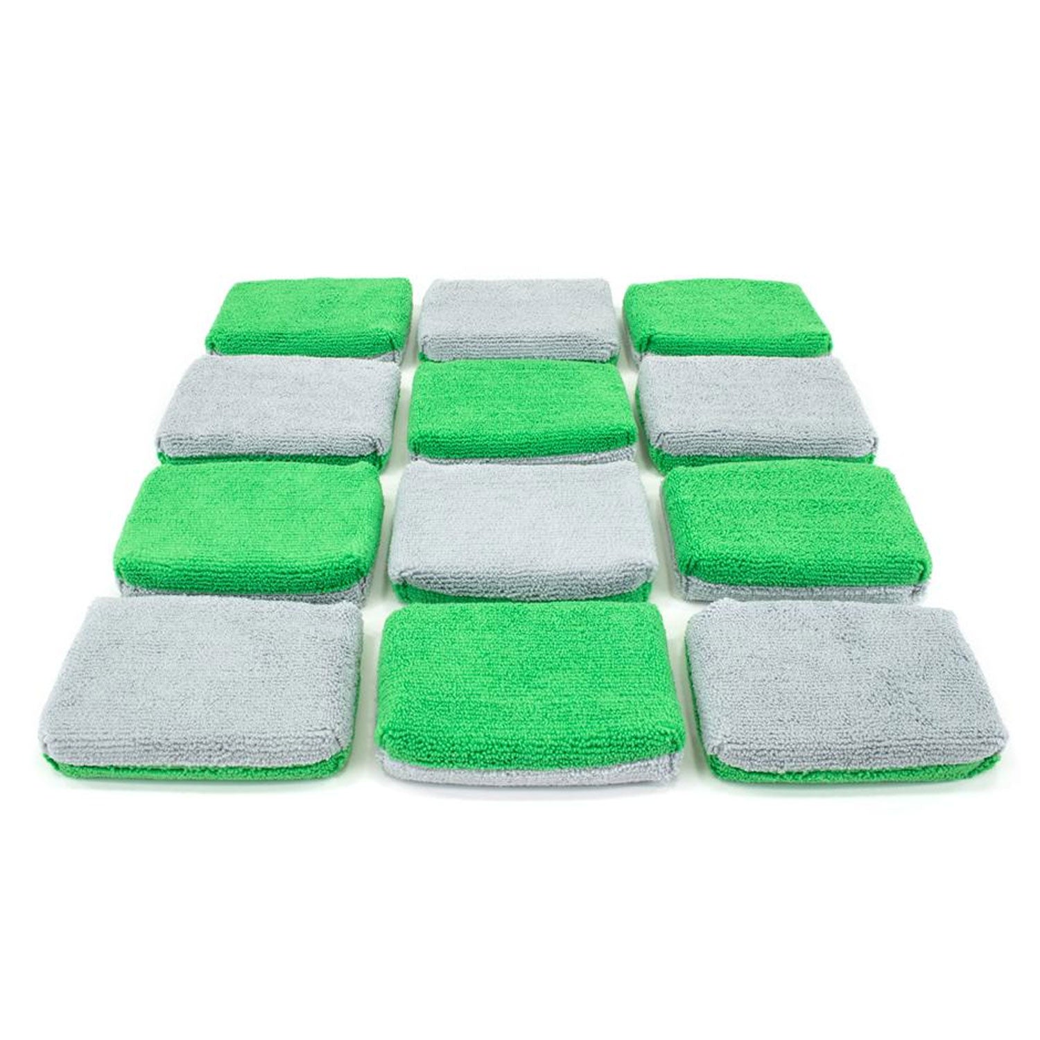 Set of 12 green and gray rectangle thin applicators on a white background