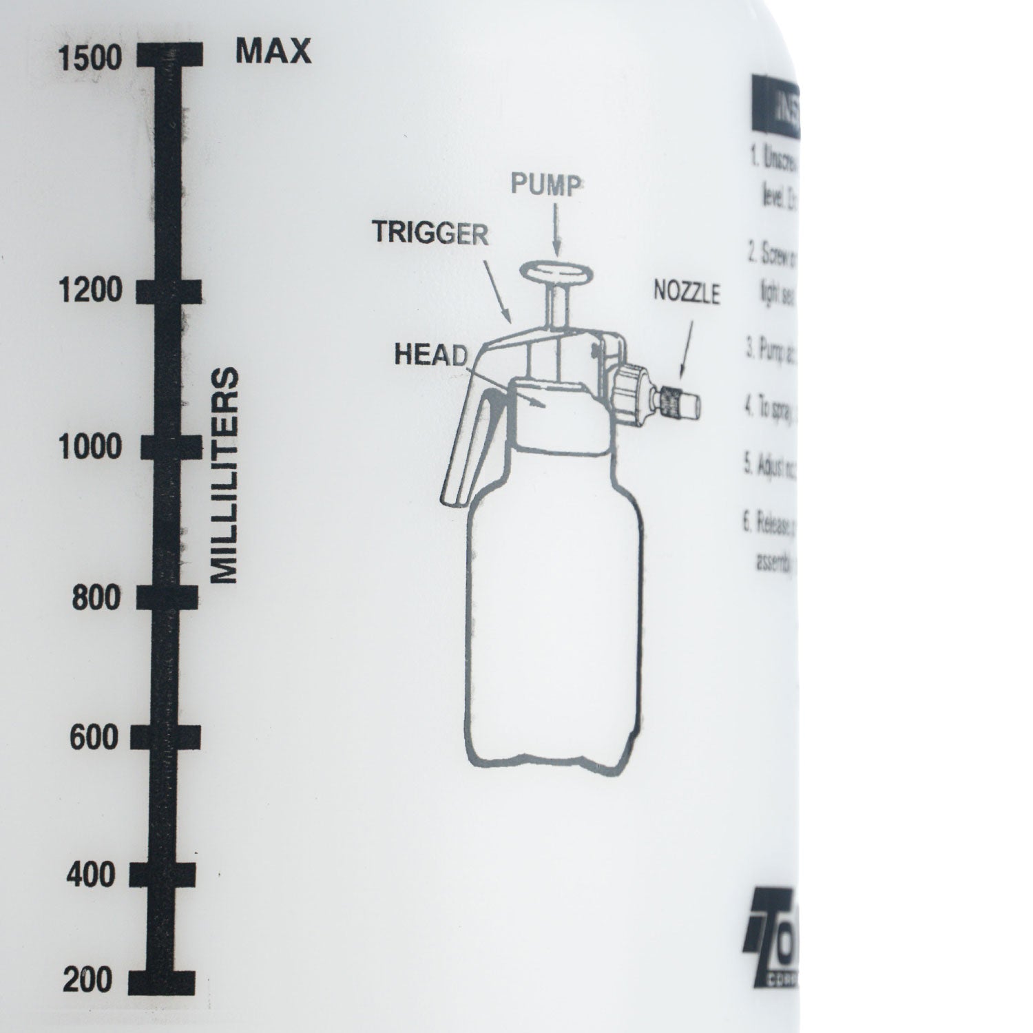 Spray bottle with measurement scale and labeled parts on a white background