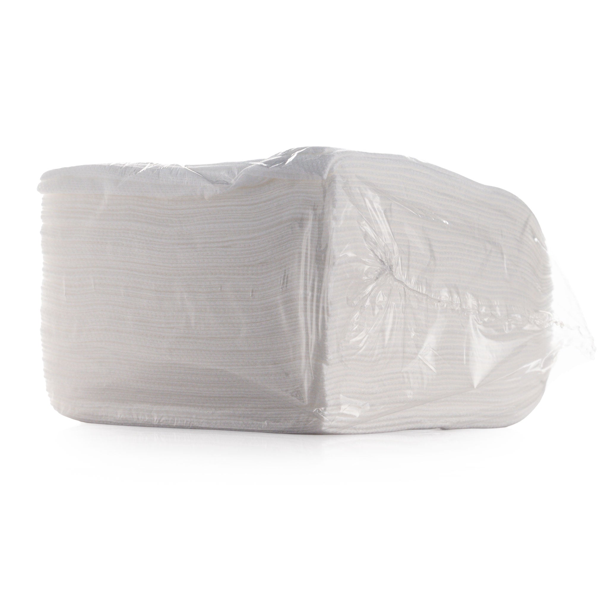 Stack of white blending cloths with a clear plastic cover on a white background