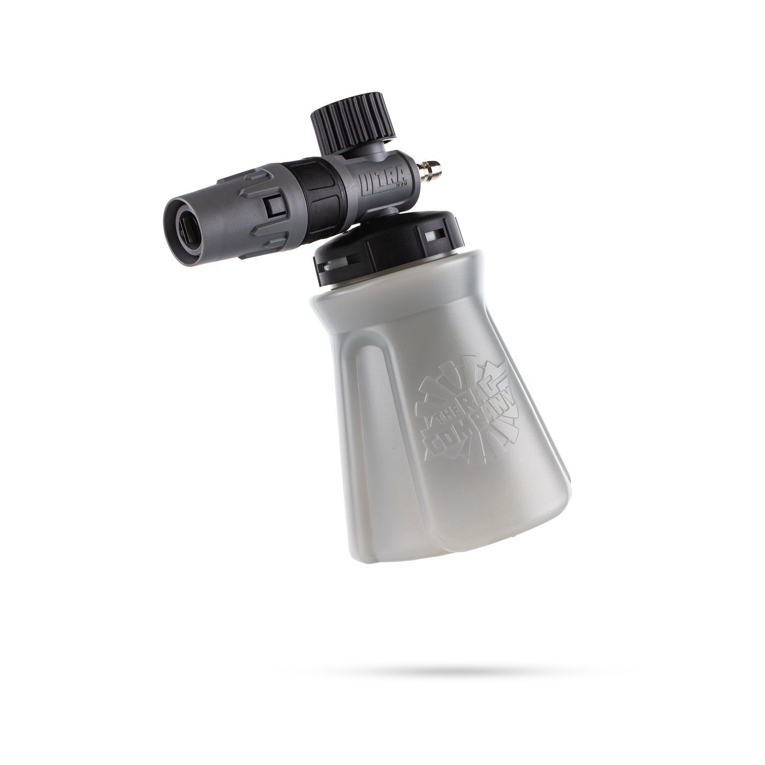 A foam cannon with a translucent gray body and a black spray nozzle assembly, shown floating against a solid white background.