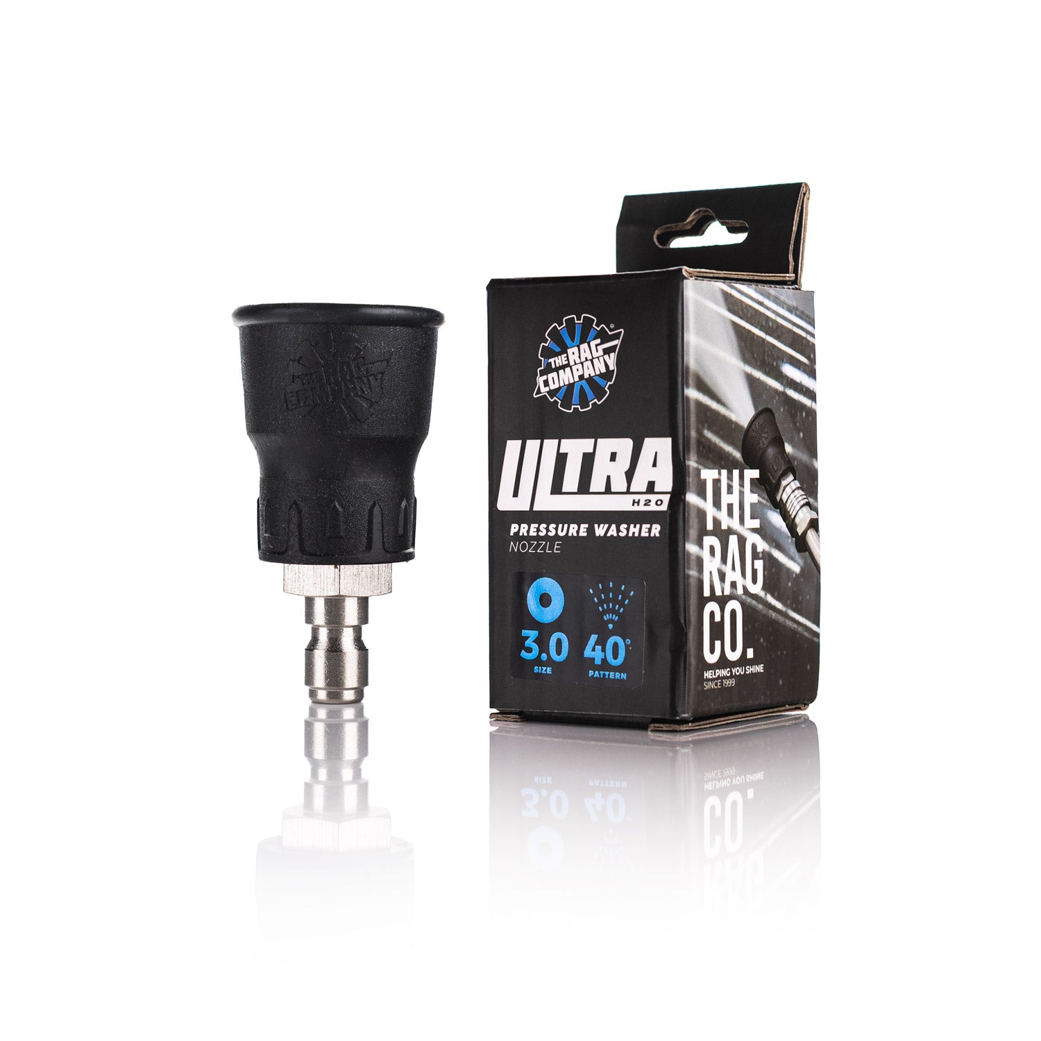 A black pressure washer nozzle with a silver metal connector next to its retail packaging box, branded 'The Rag Company Ultra'. The product is shown on a clean white background with a subtle reflection.