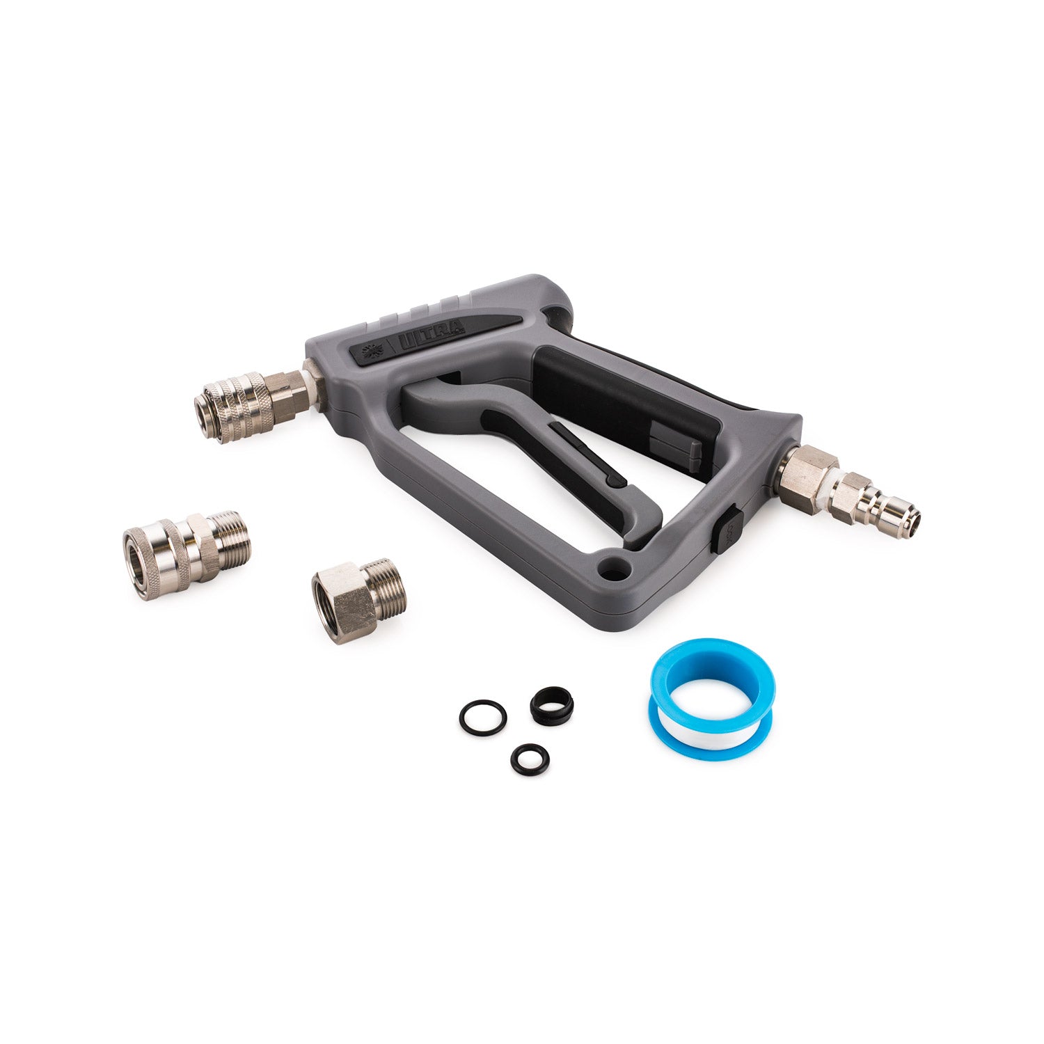 Gray pressure washer gun with attachments on a white background