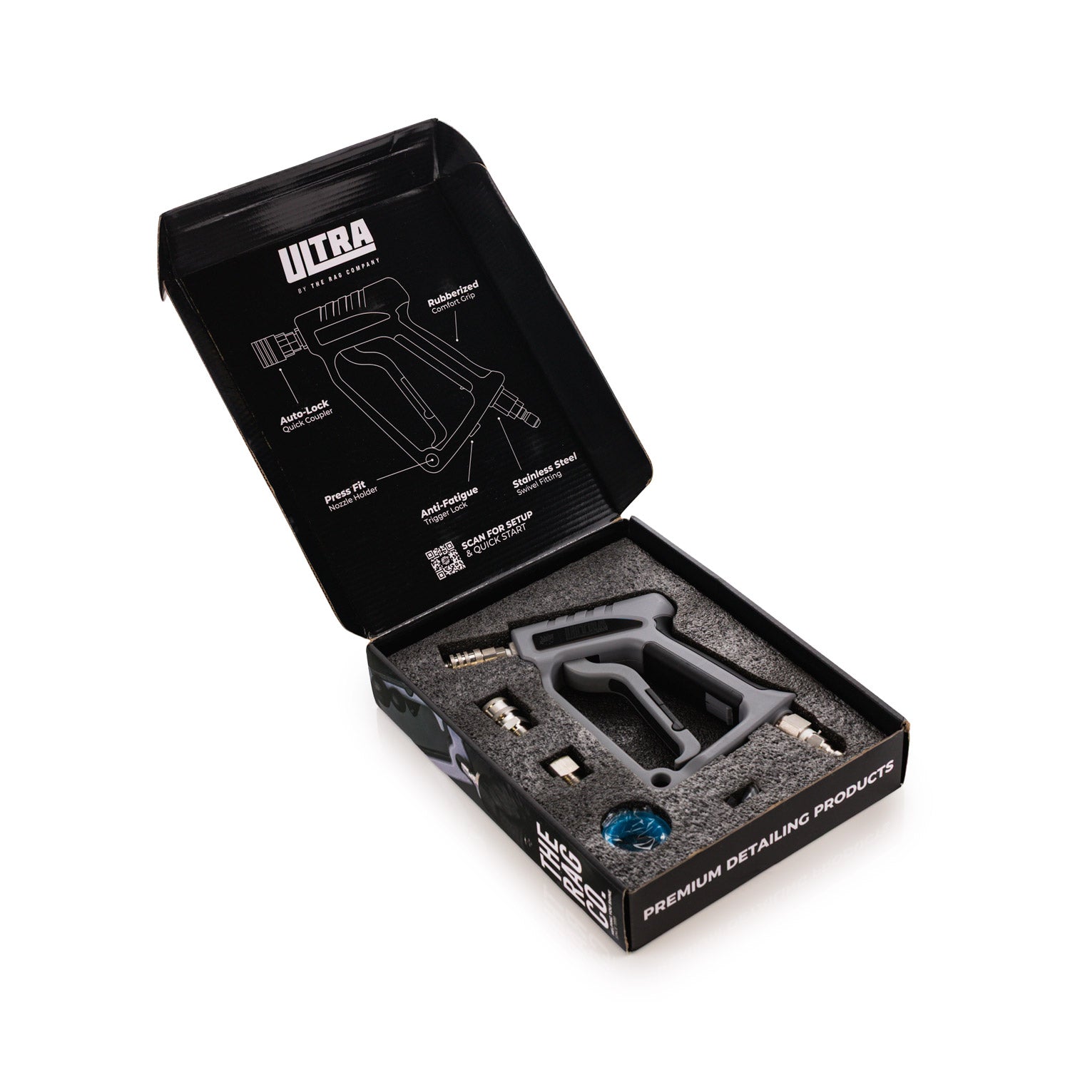 Black packaging box with a gray spray gun inside, featuring the Ultra brand.