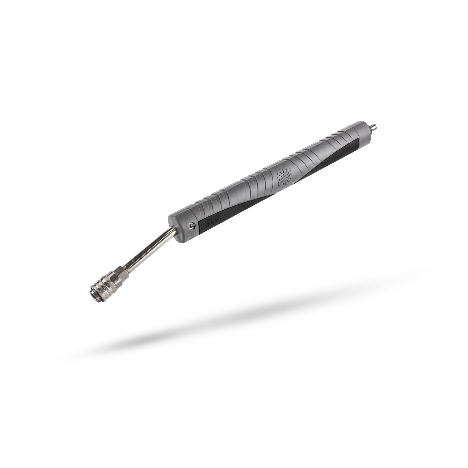 A gray and black handheld pressure washer attachment wand with a metal nozzle, shown floating diagonally on a white background with a soft shadow underneath.